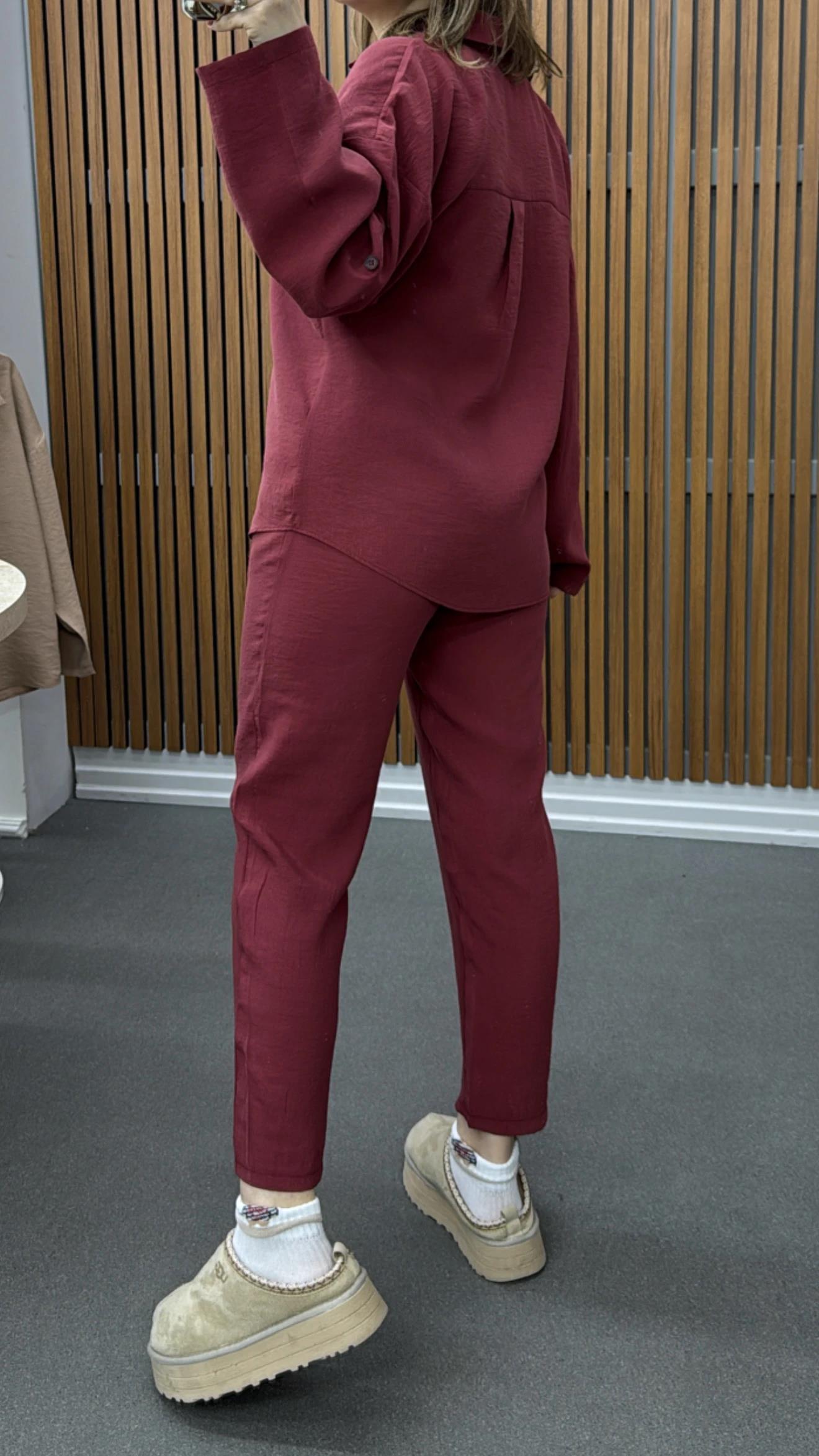 Alita Bordo Tensel Gömlek Ve Pantolon Takımı