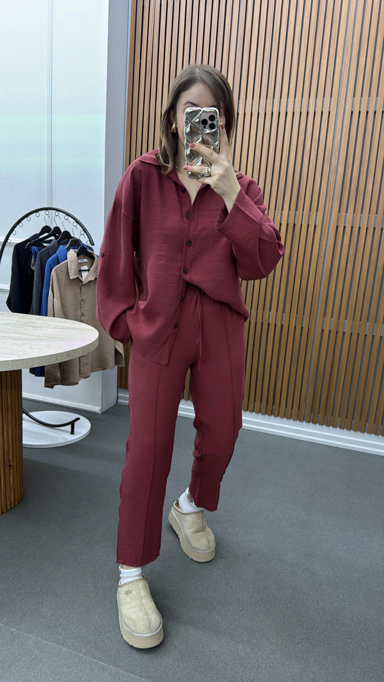 Alita Bordo Tensel Gömlek Ve Pantolon Takımı