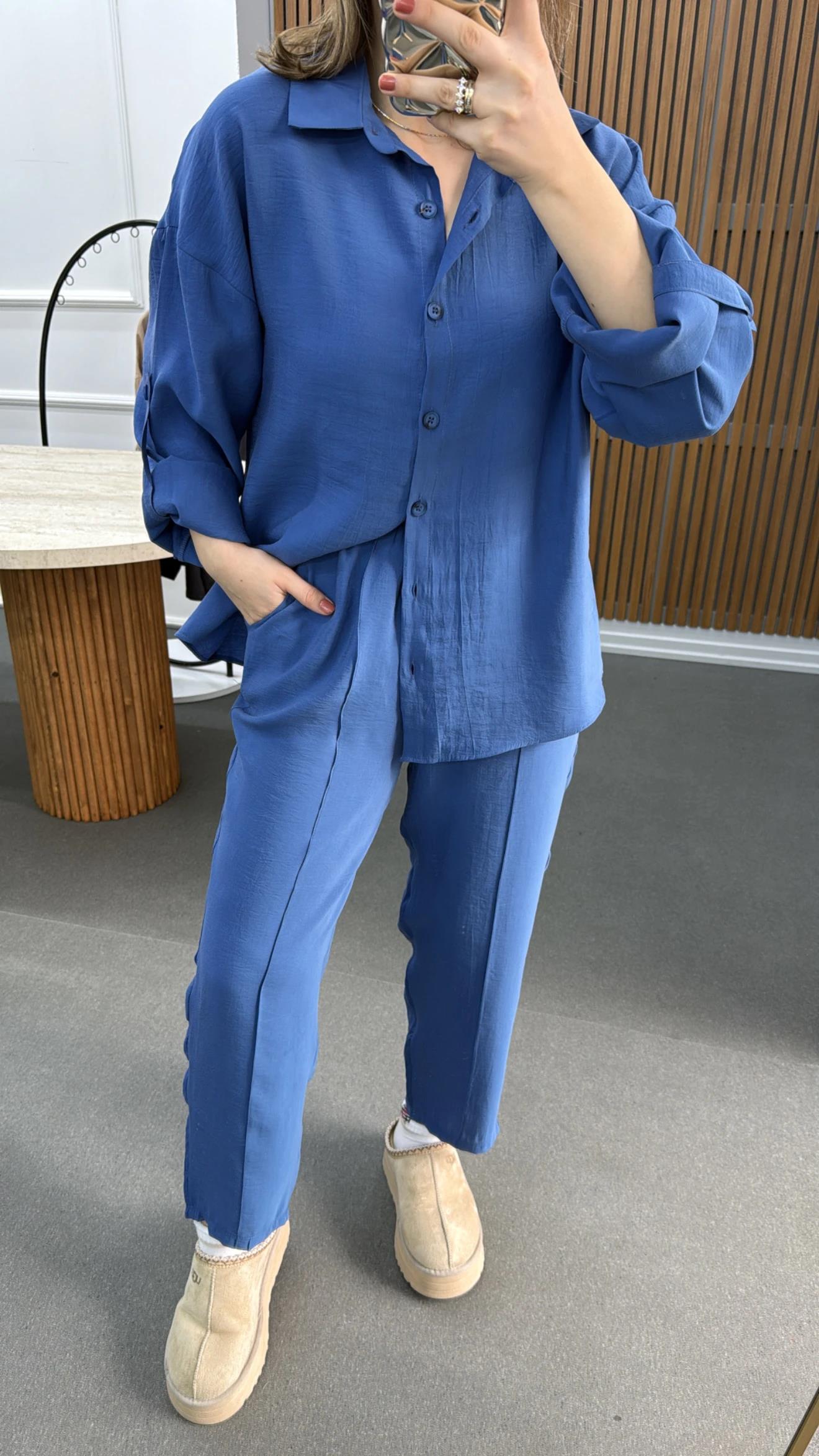 Alita Mavi Tensel Gömlek Ve Pantolon Takımı