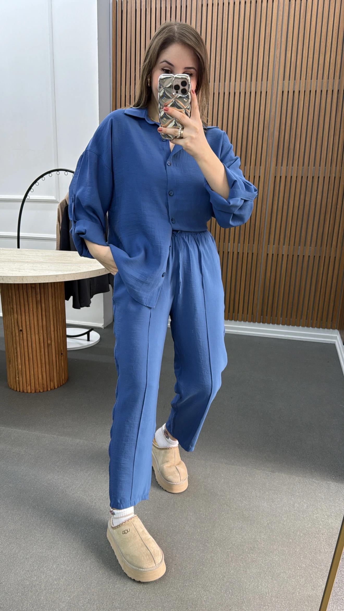 Alita Mavi Tensel Gömlek Ve Pantolon Takımı