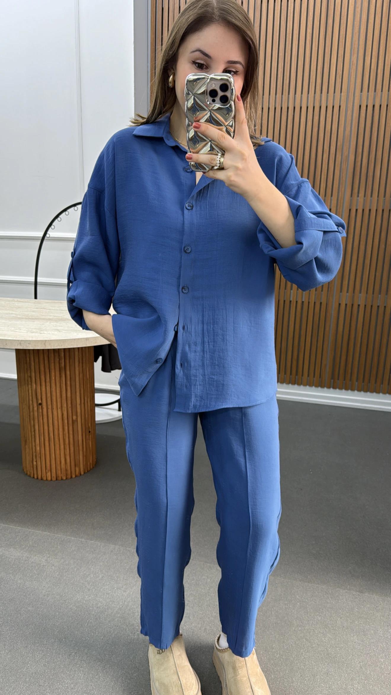 Alita Mavi Tensel Gömlek Ve Pantolon Takımı