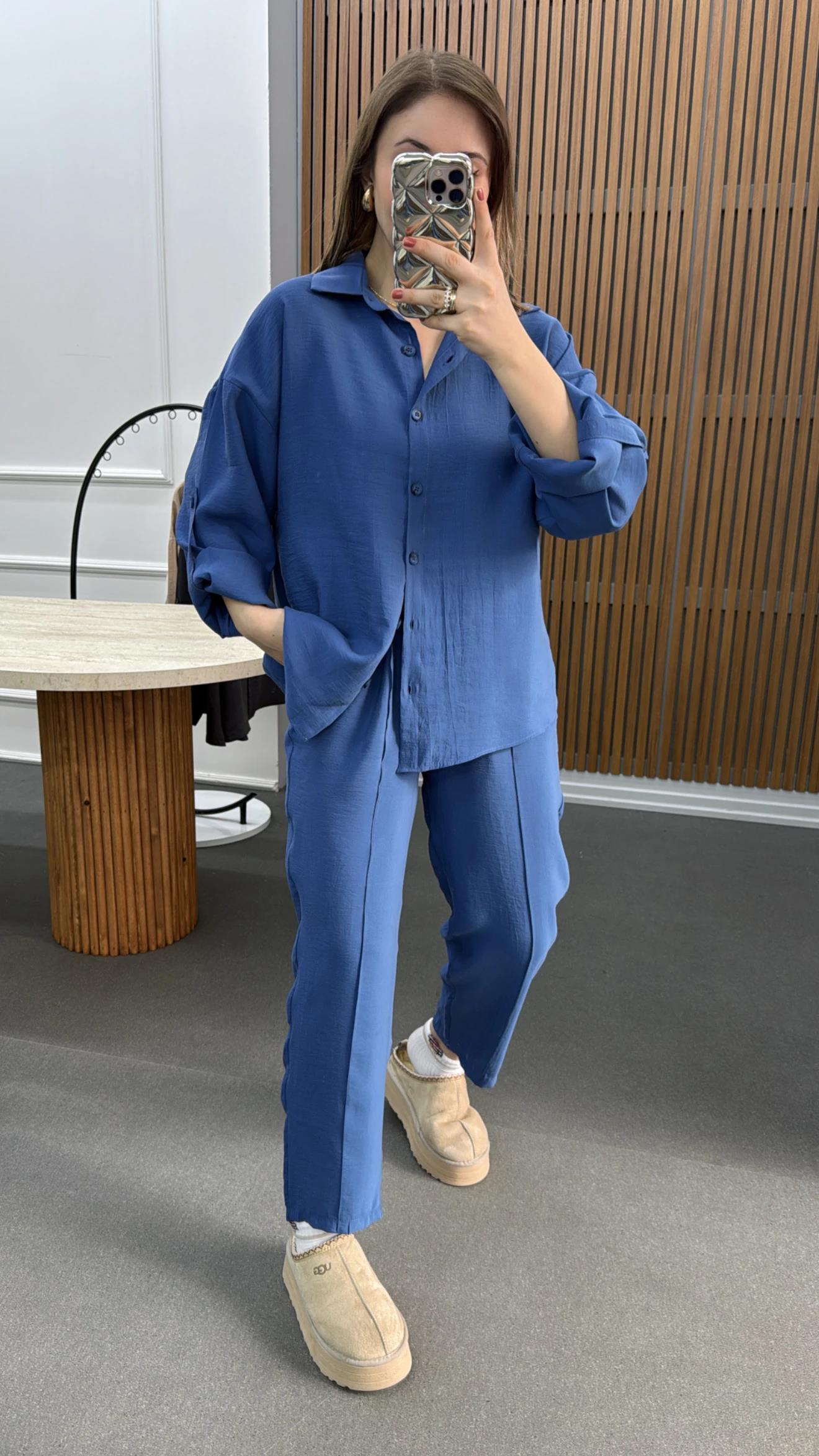 Alita Mavi Tensel Gömlek Ve Pantolon Takımı