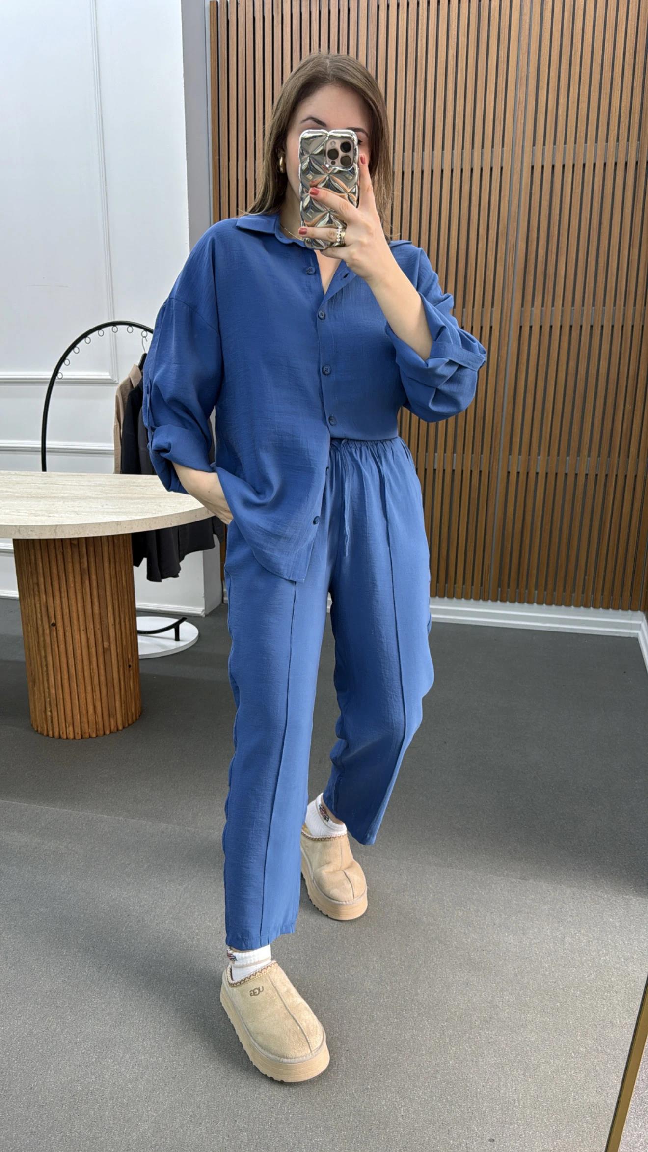 Alita Mavi Tensel Gömlek Ve Pantolon Takımı