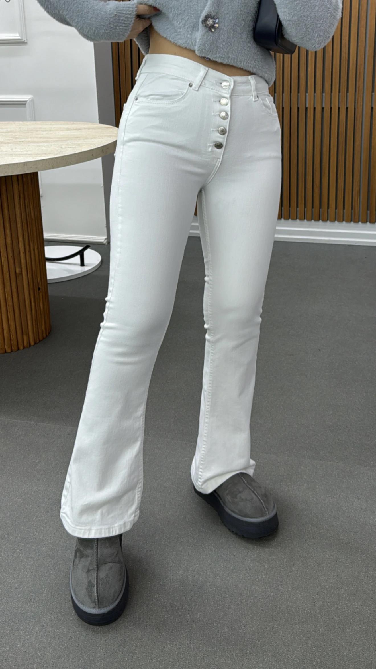 Allison Beyaz 5 Düğmeli Likralı Flare Jeans