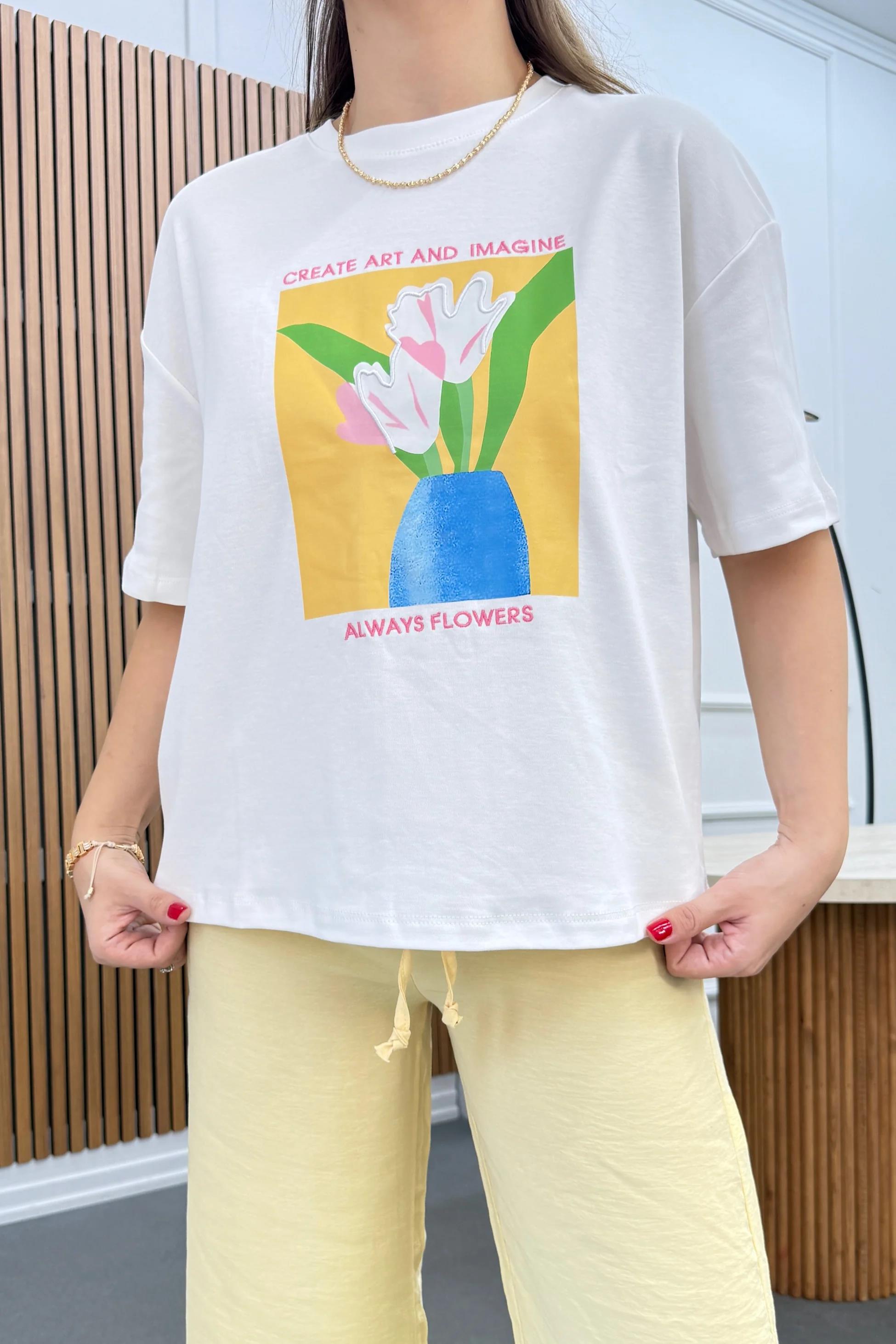 Always Flowers Baskılı %100 Pamuk Tshirt
