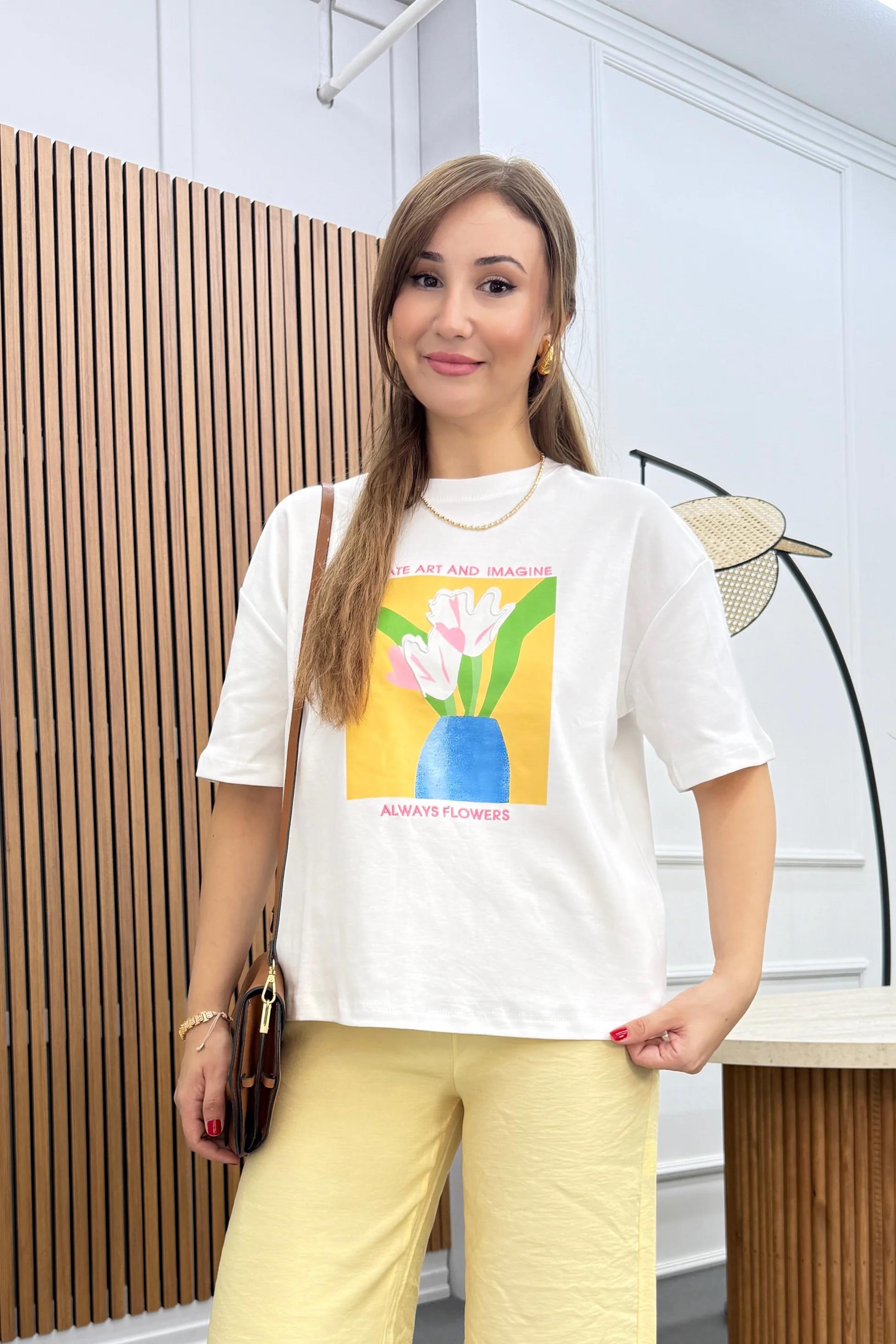 Always Flowers Baskılı %100 Pamuk Tshirt