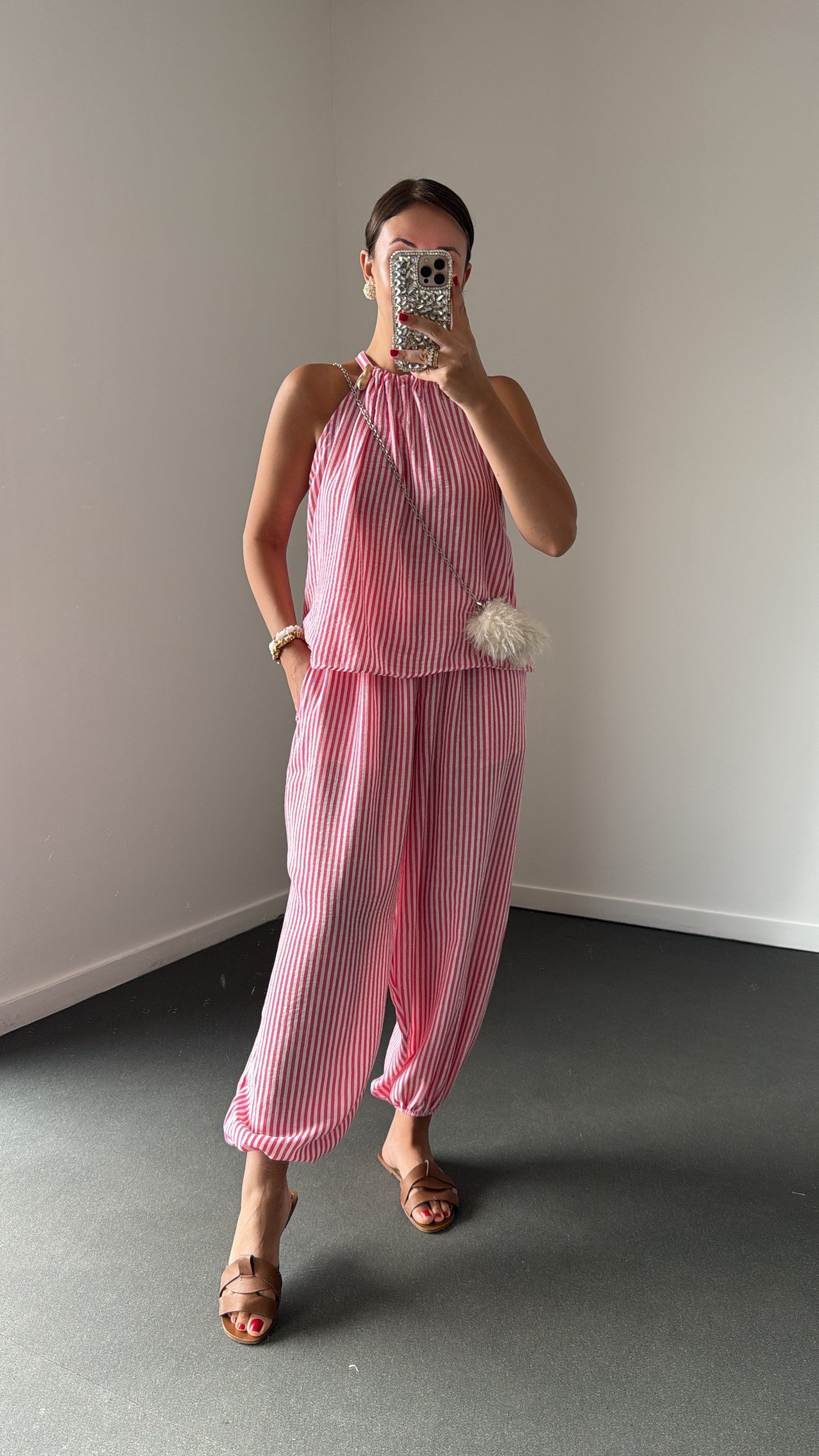 Amalfi Pembe Beyaz Çizgili Keten Bluz Ve Şalvar Takım