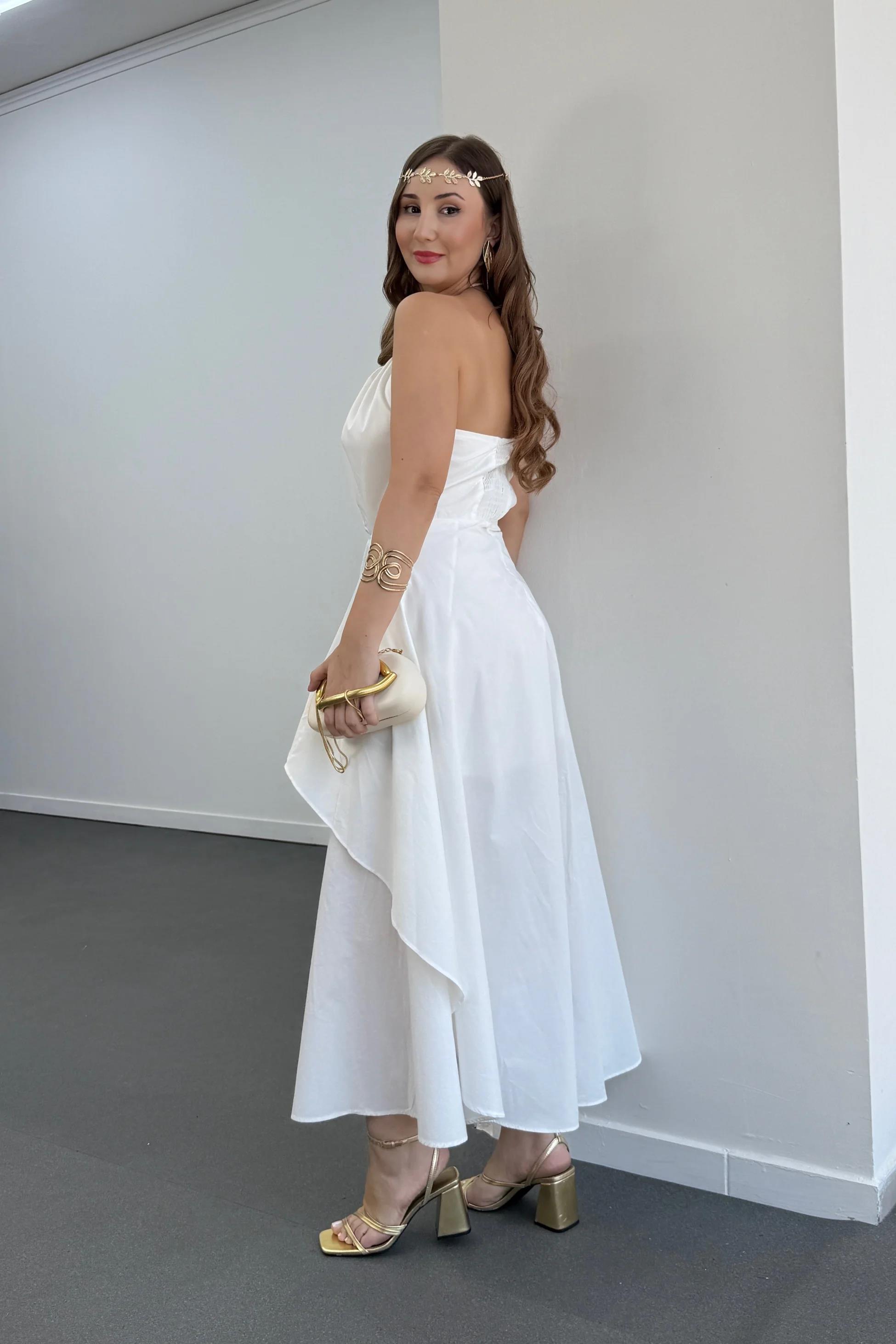 Angel Beyaz Boyundan Bağlamalı Volanlı Midi Elbise