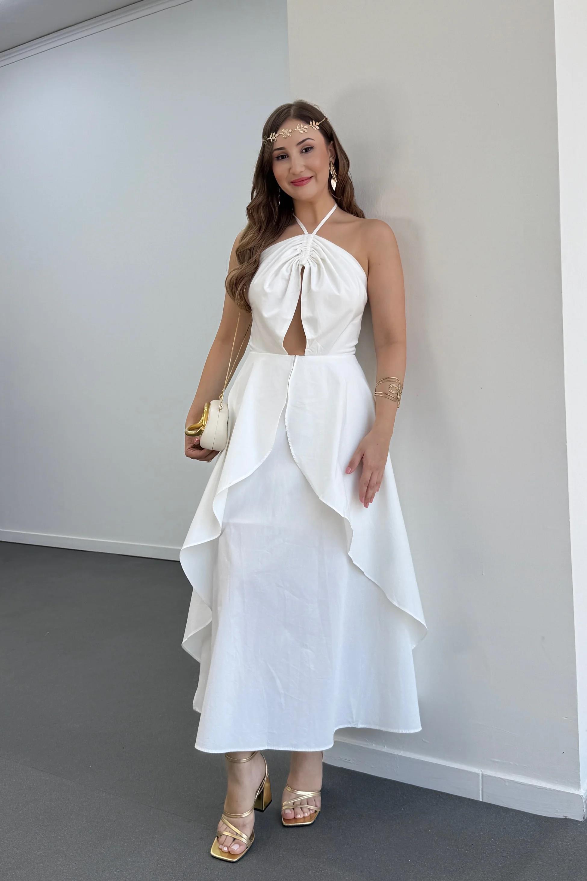 Angel Beyaz Boyundan Bağlamalı Volanlı Midi Elbise