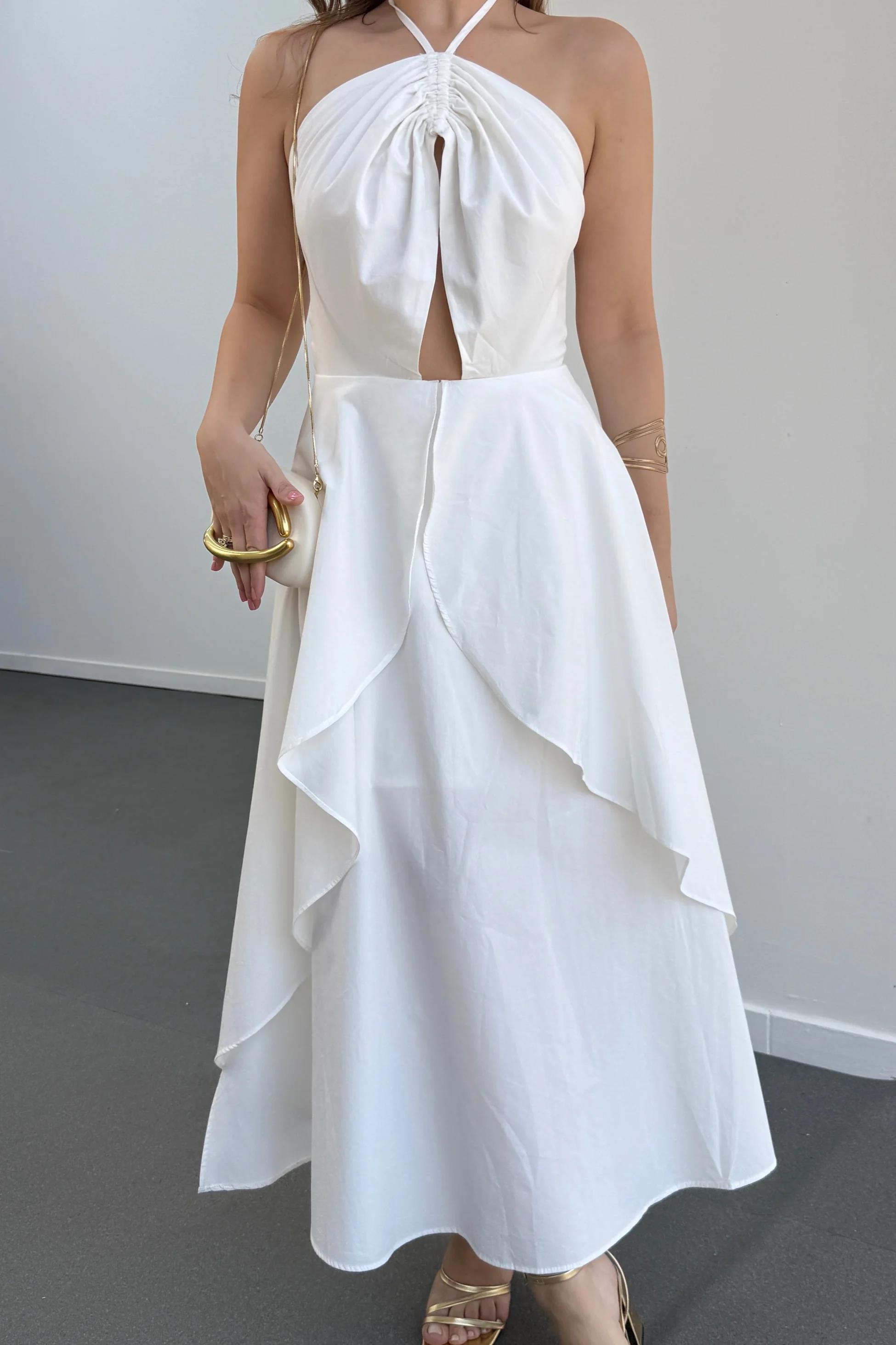 Angel Beyaz Boyundan Bağlamalı Volanlı Midi Elbise