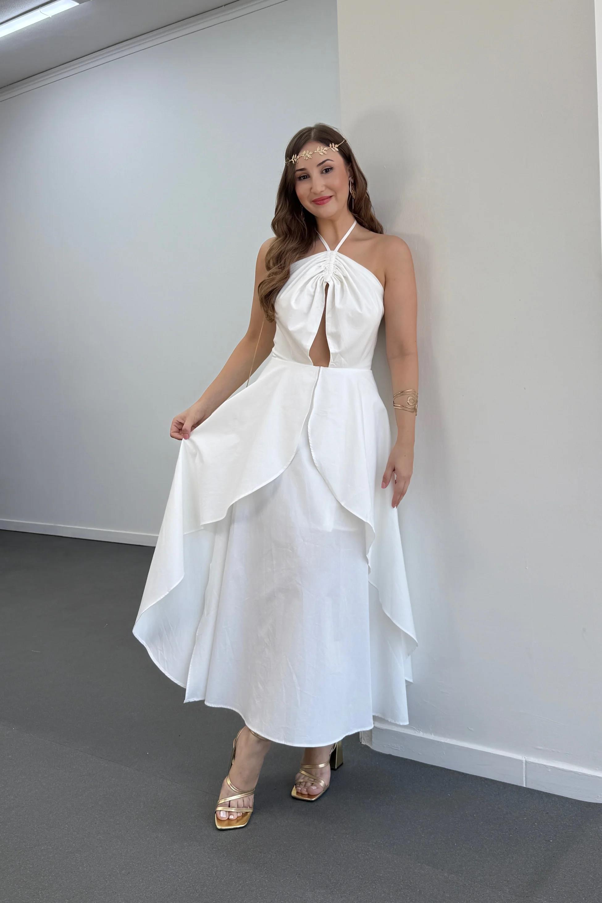 Angel Beyaz Boyundan Bağlamalı Volanlı Midi Elbise