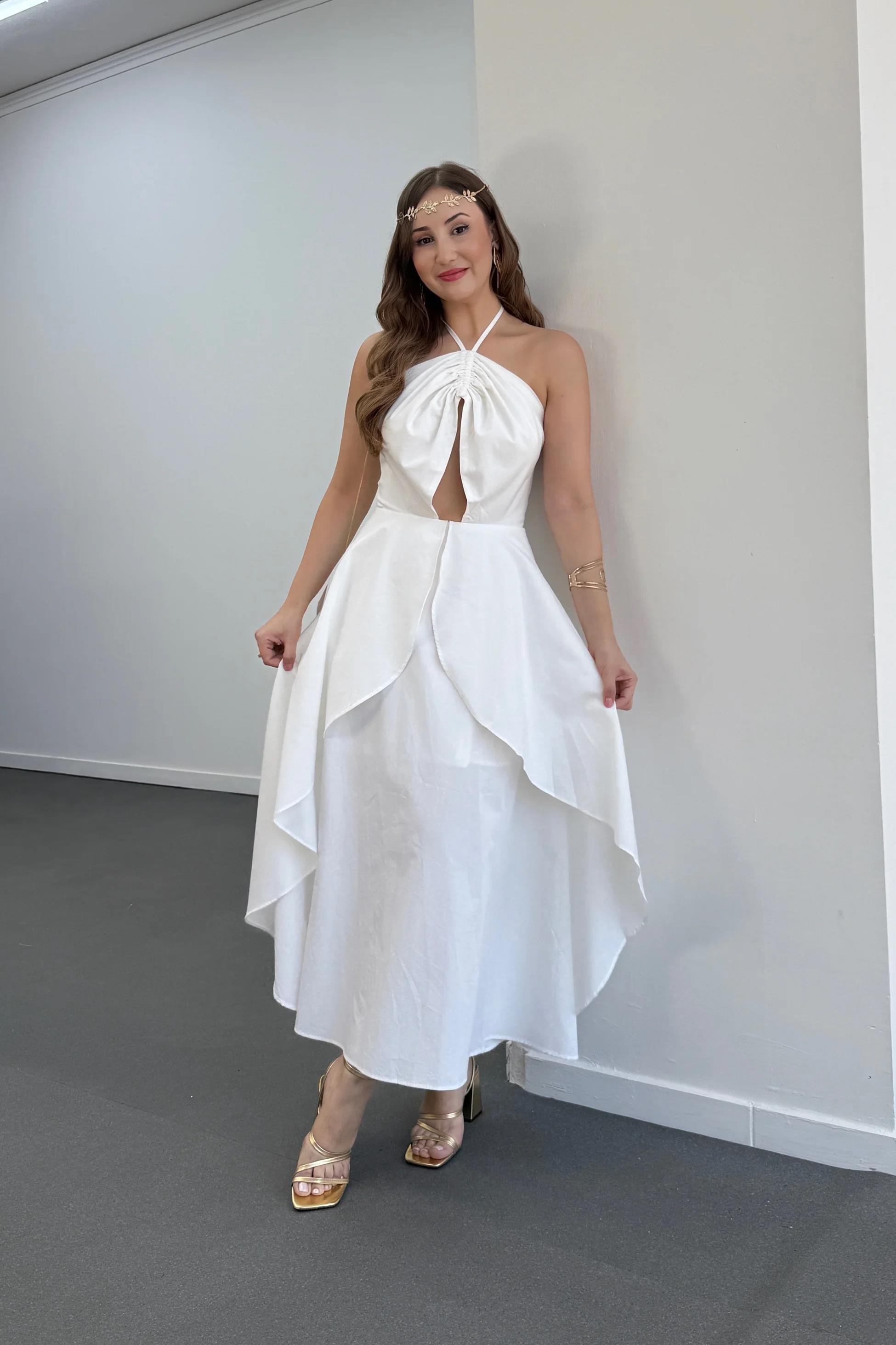 Angel Beyaz Boyundan Bağlamalı Volanlı Midi Elbise