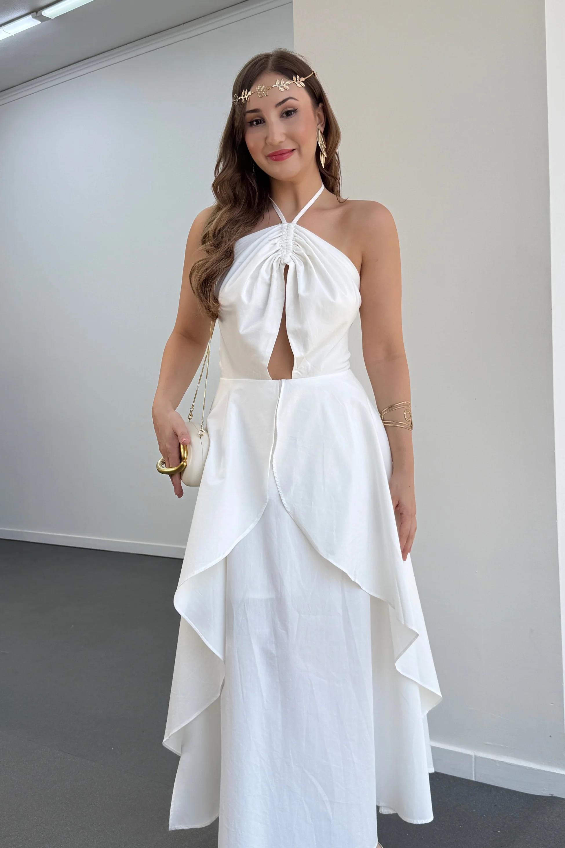 Angel Beyaz Boyundan Bağlamalı Volanlı Midi Elbise