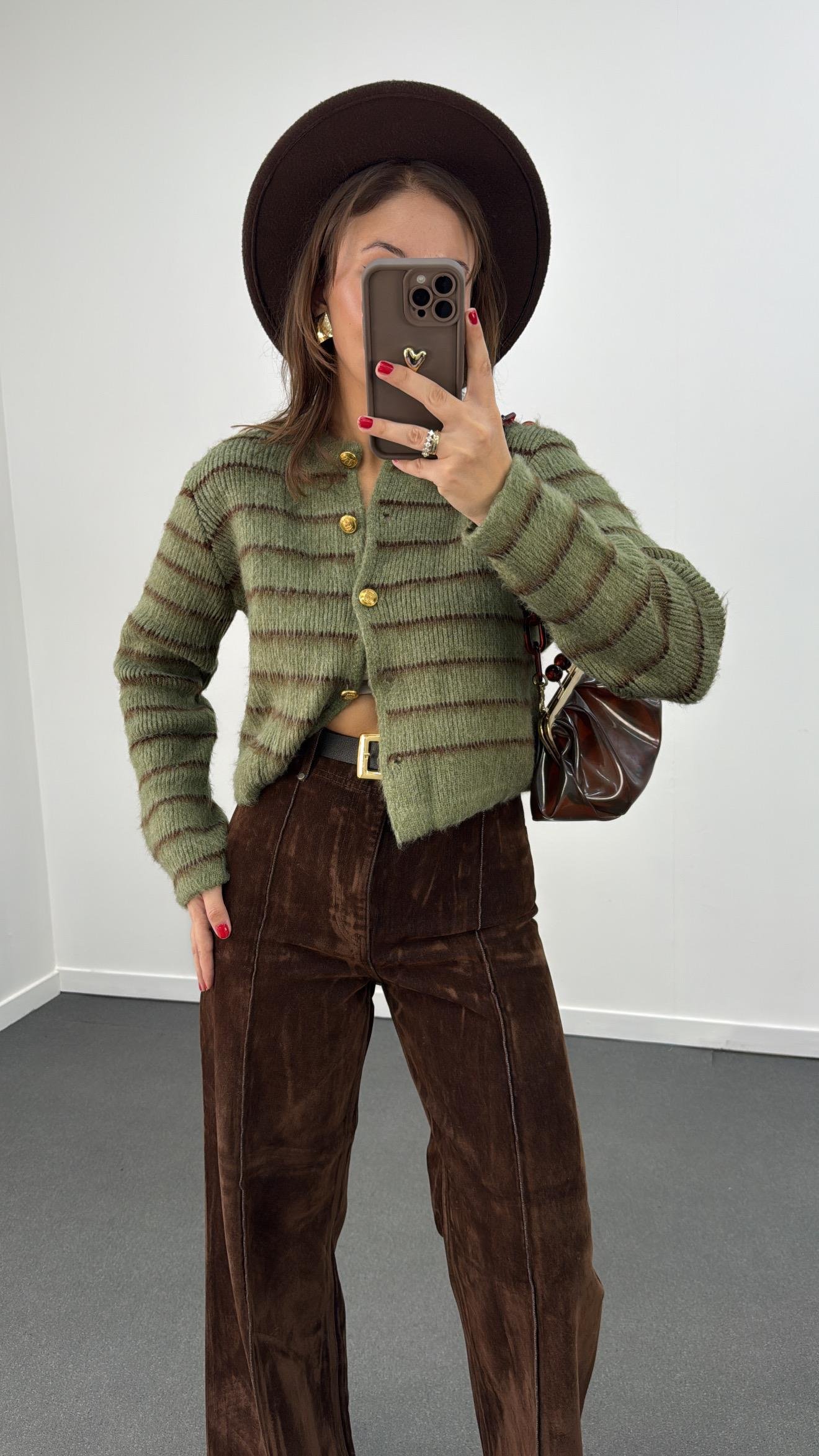 Anka Kahve-Yeşil Çizgili Gold Düğmeli Triko