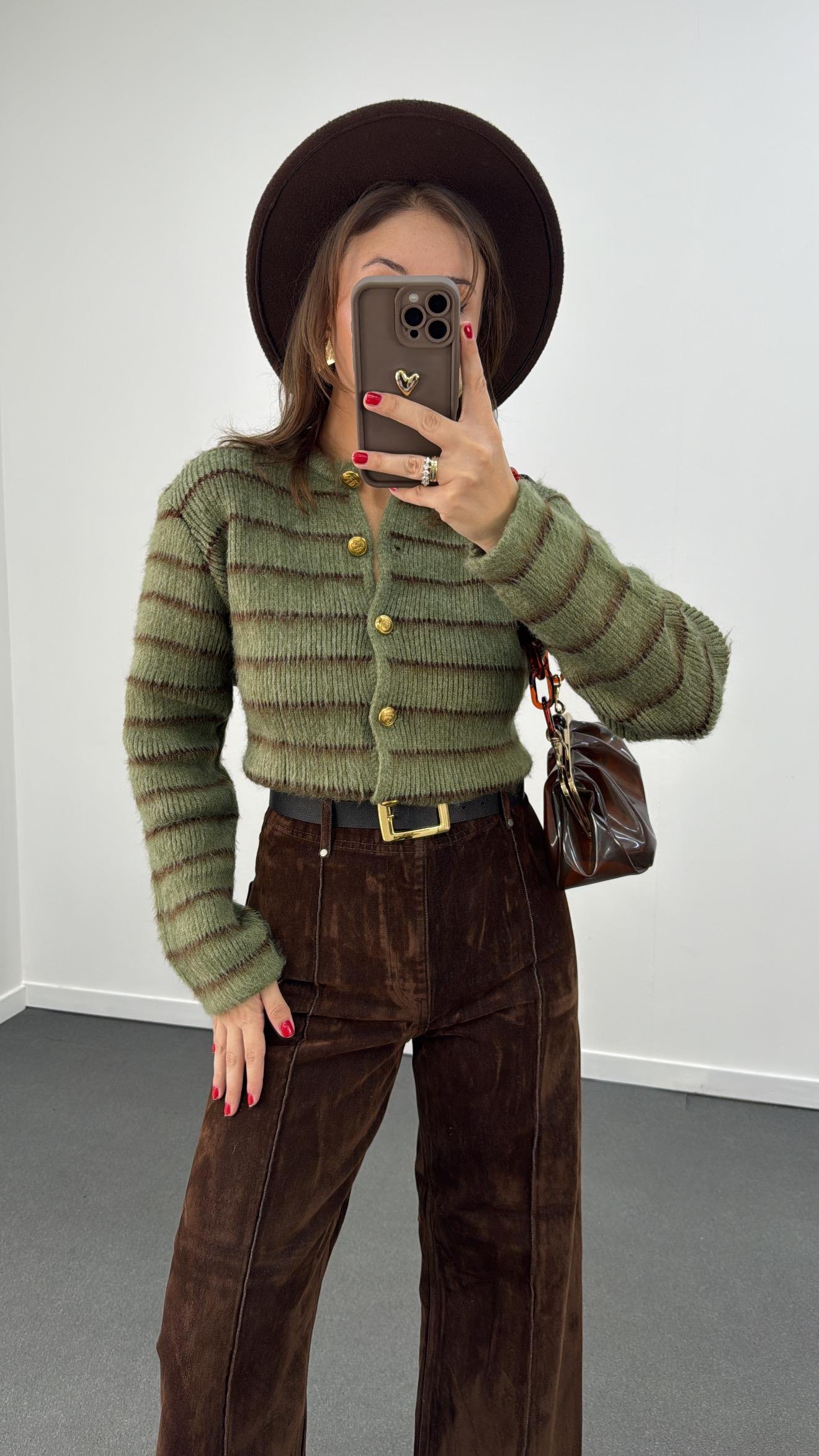 Anka Kahve-Yeşil Çizgili Gold Düğmeli Triko