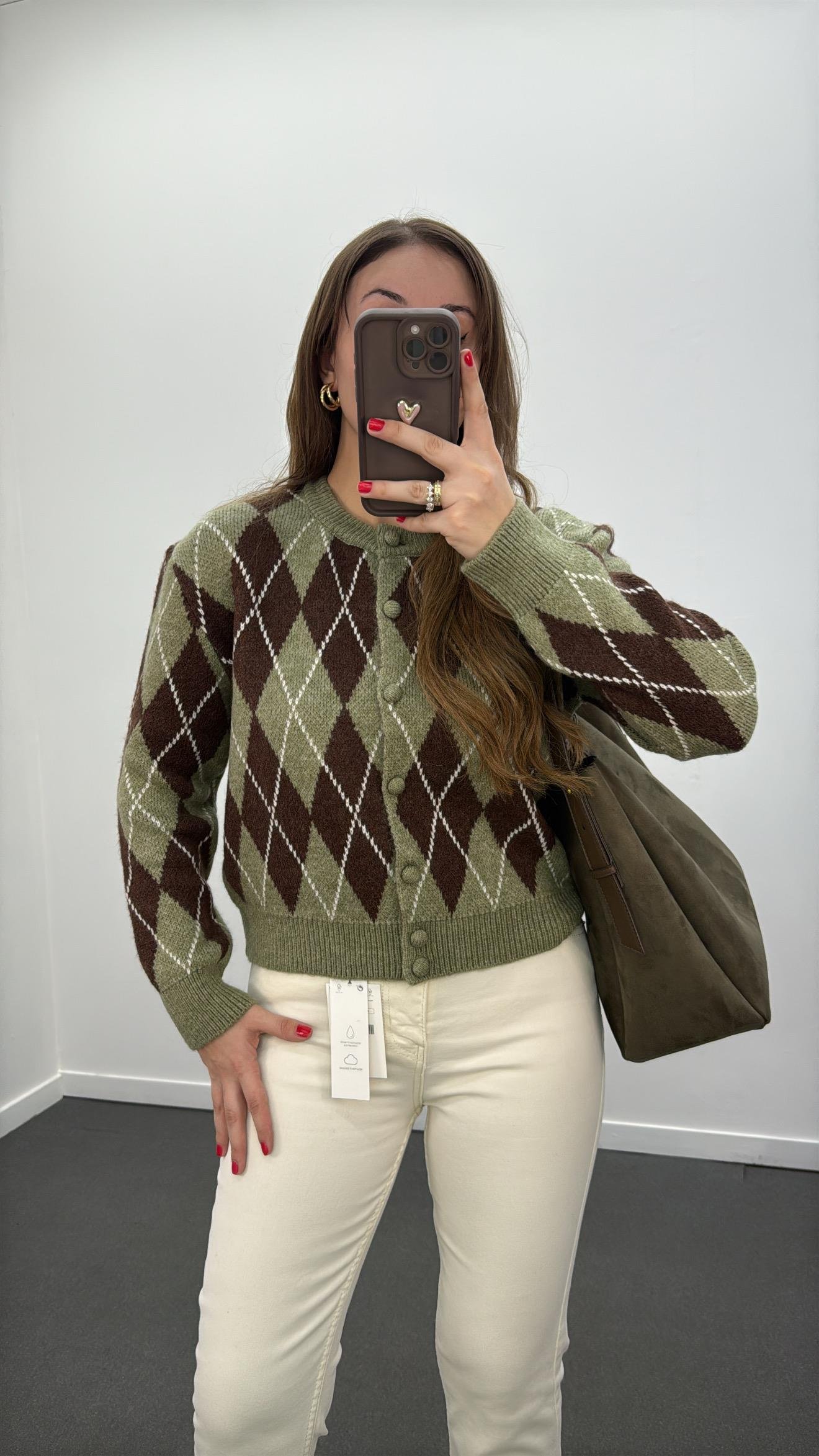 April Haki Kahve Baklava Desenli Hırka