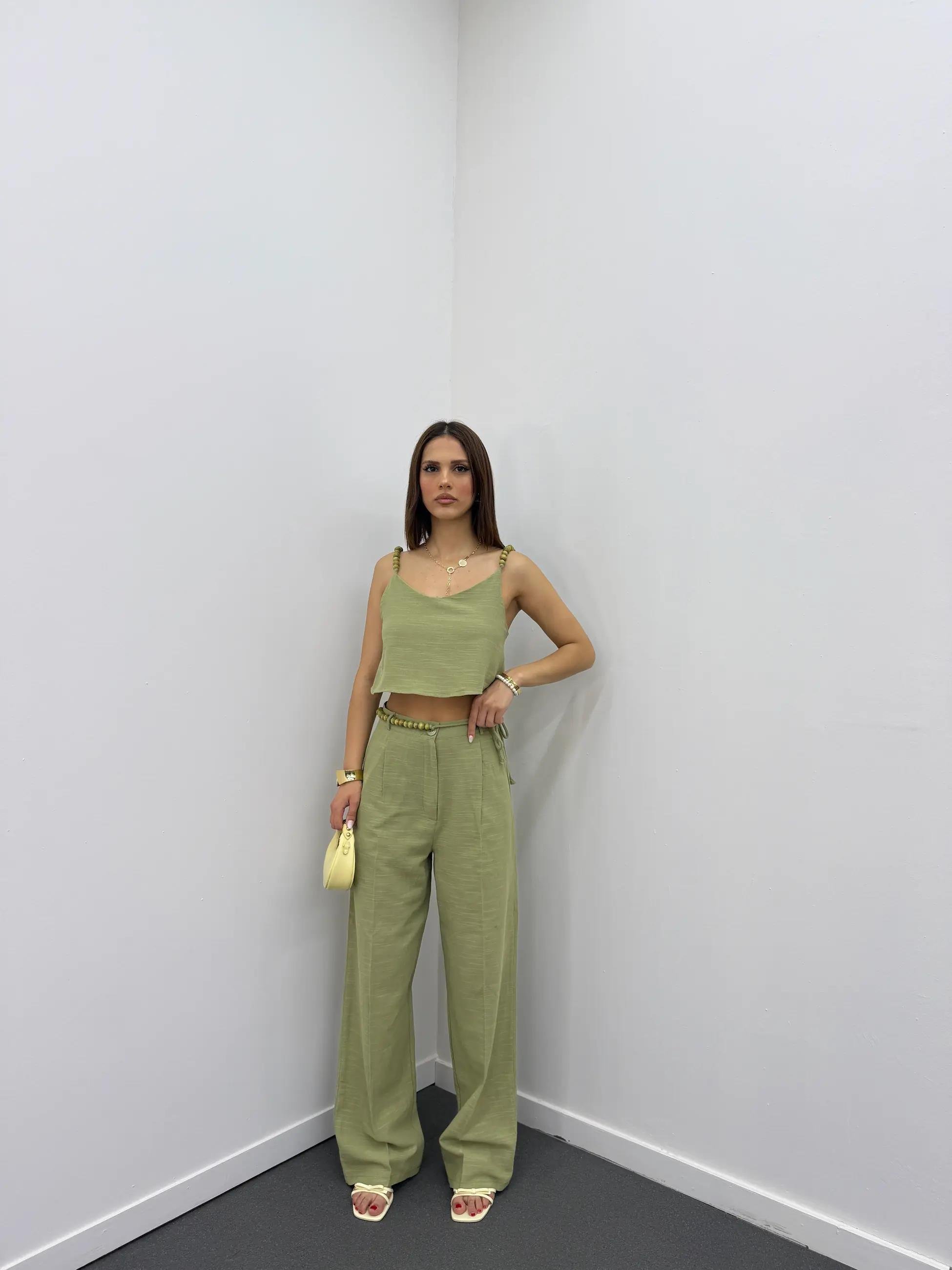 Aria Haki Keten Kumaş Boncuklu Takım