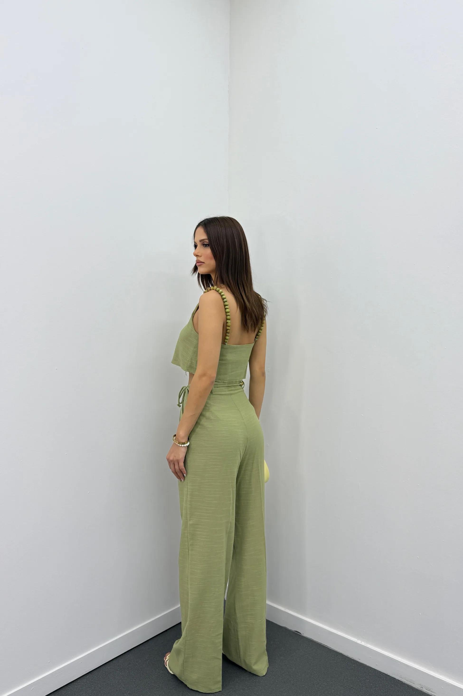 Aria Haki Keten Kumaş Boncuklu Takım