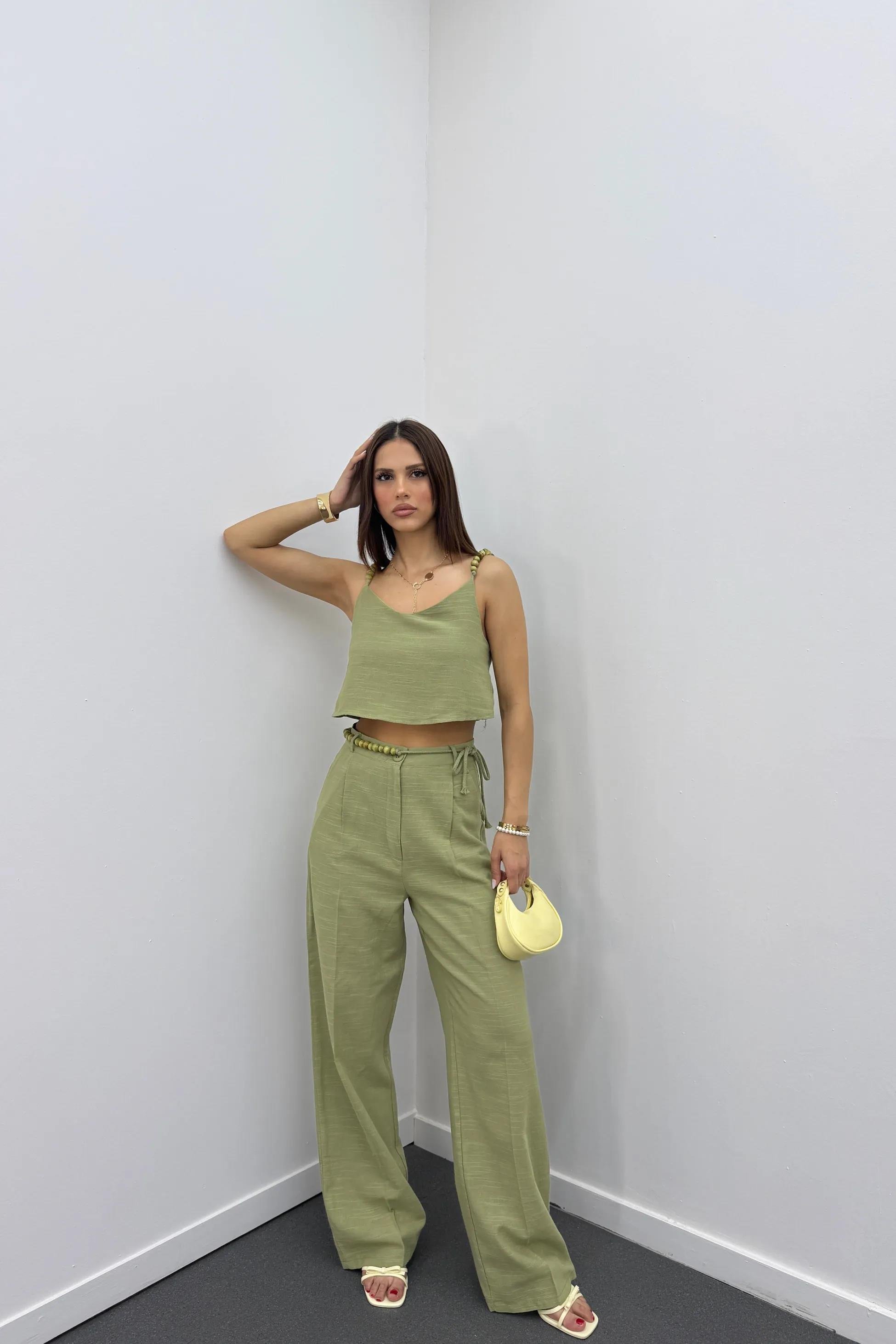 Aria Haki Keten Kumaş Boncuklu Takım