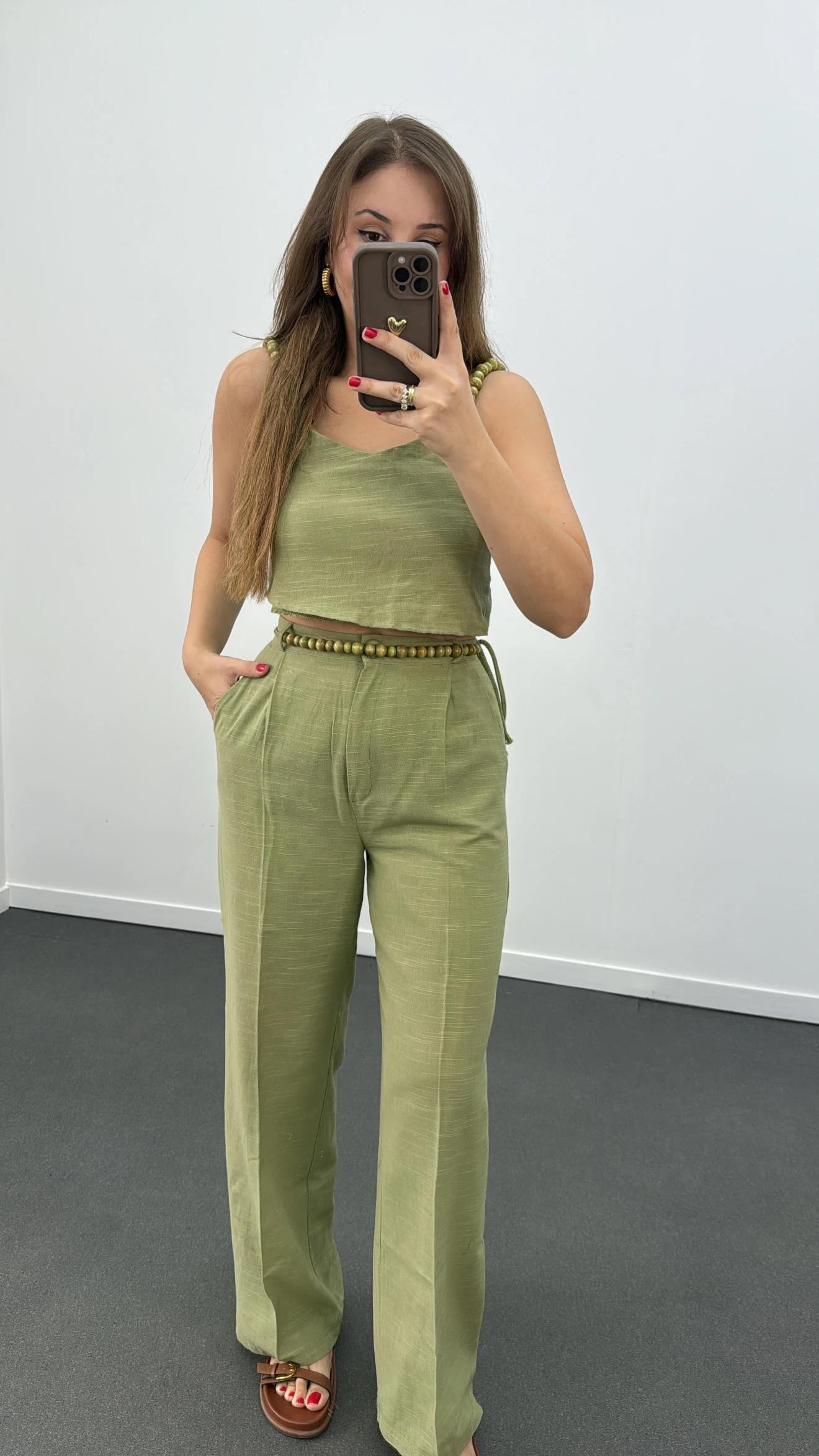 Aria Haki Keten Kumaş Boncuklu Takım