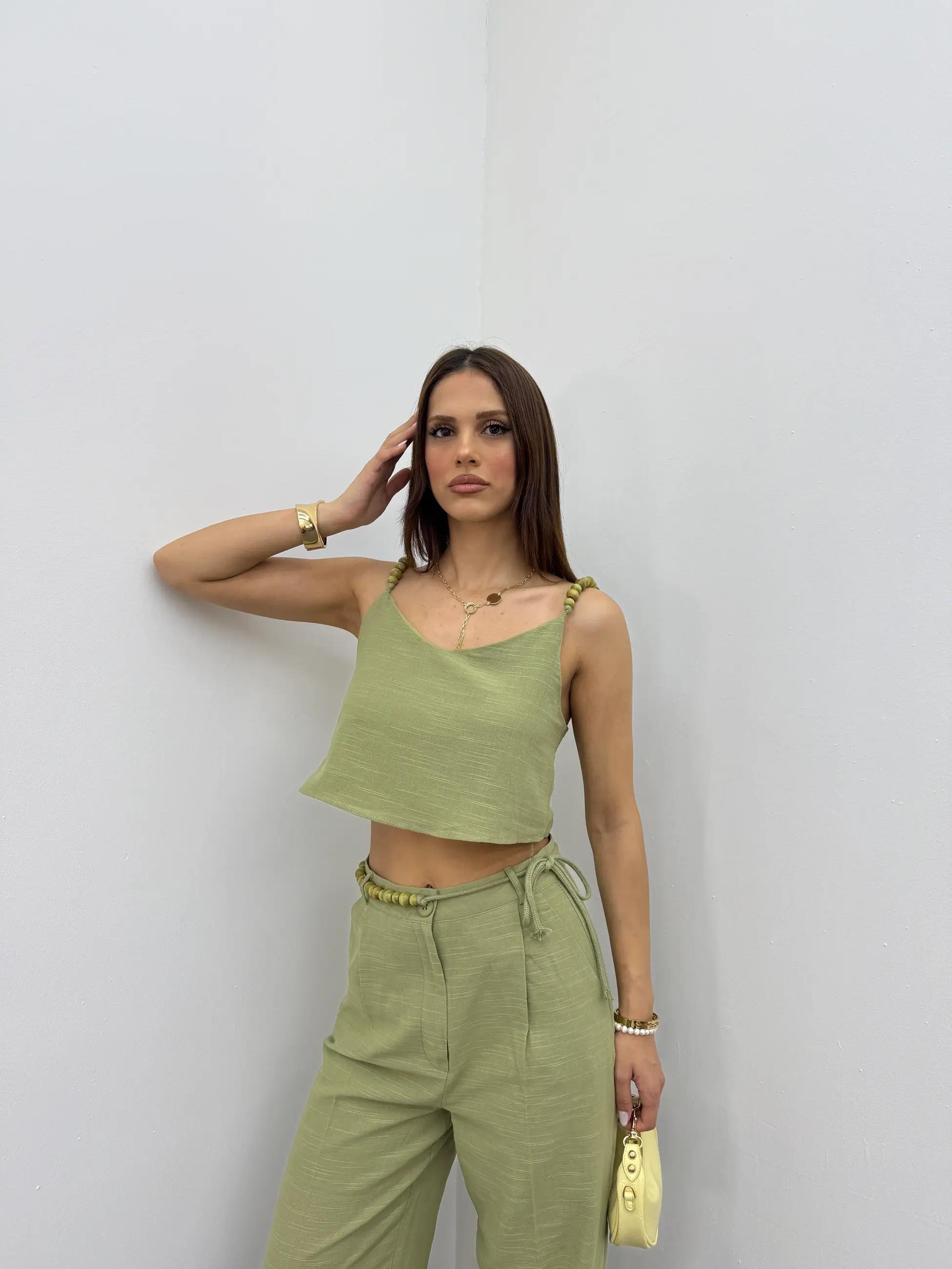 Aria Haki Keten Kumaş Boncuklu Takım