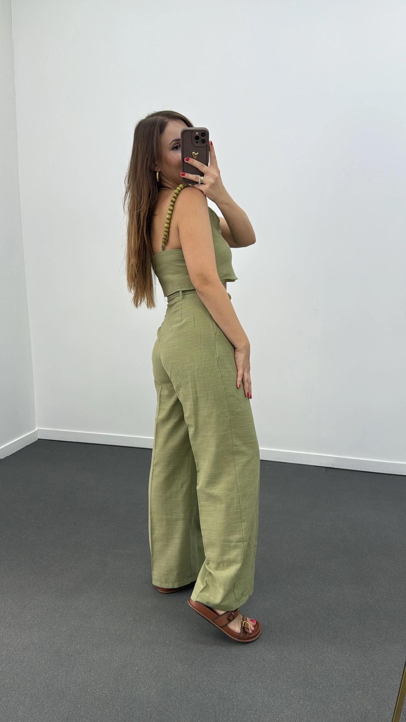 Aria Haki Keten Kumaş Boncuklu Takım