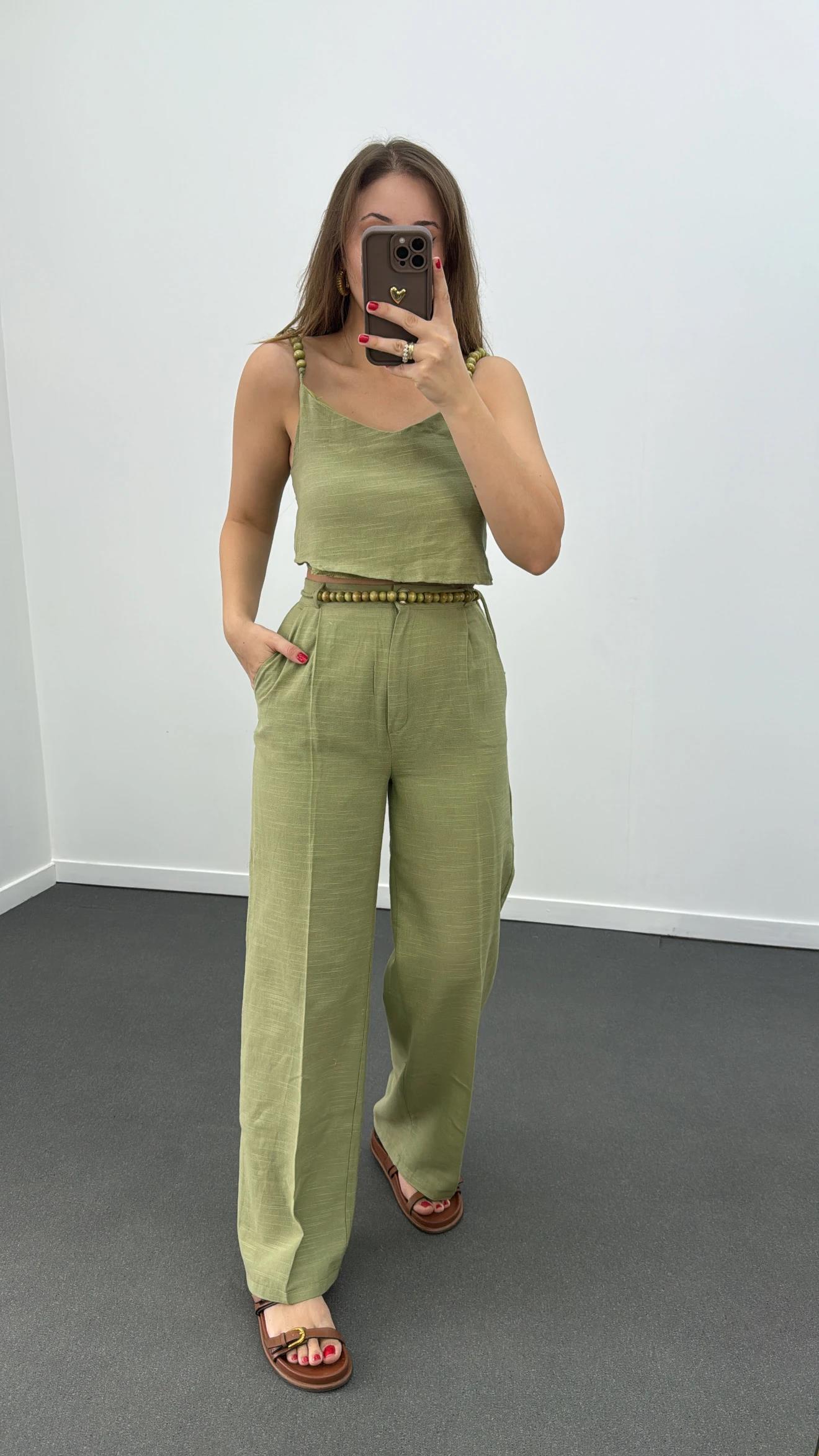 Aria Haki Keten Kumaş Boncuklu Takım