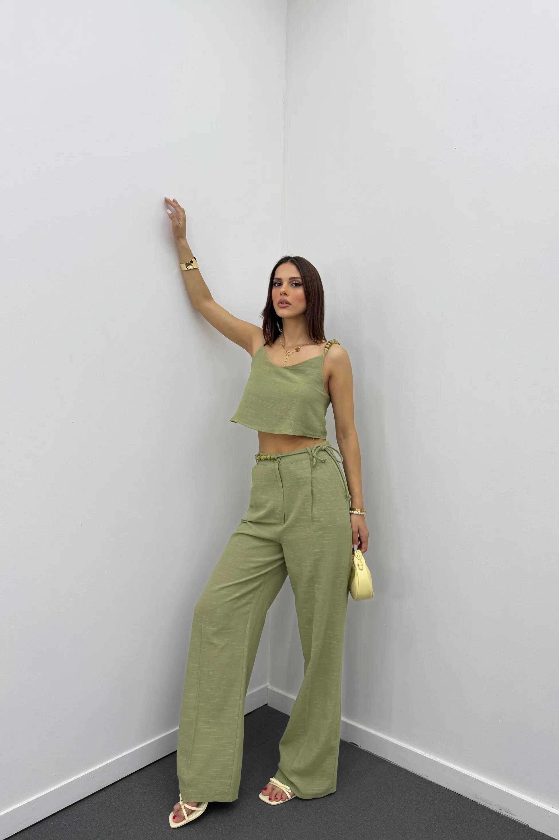 Aria Haki Keten Kumaş Boncuklu Takım