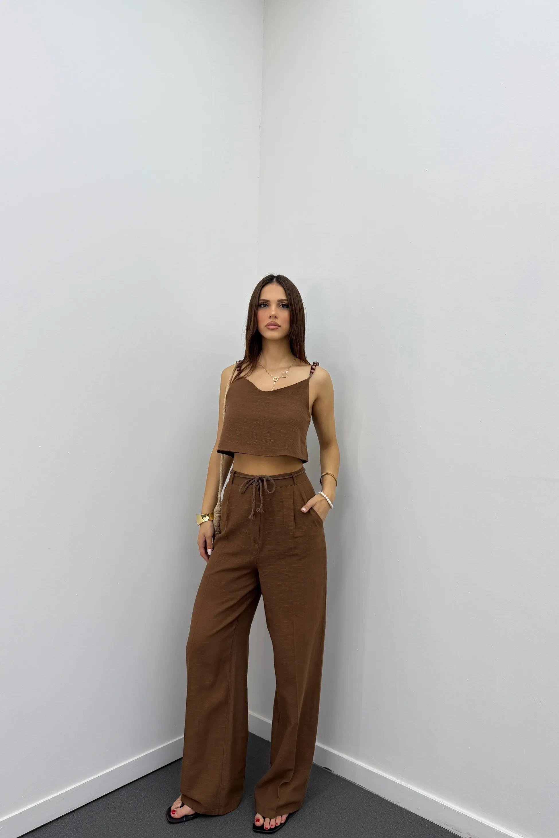 Aria Kahve Keten Kumaş Boncuklu Takım