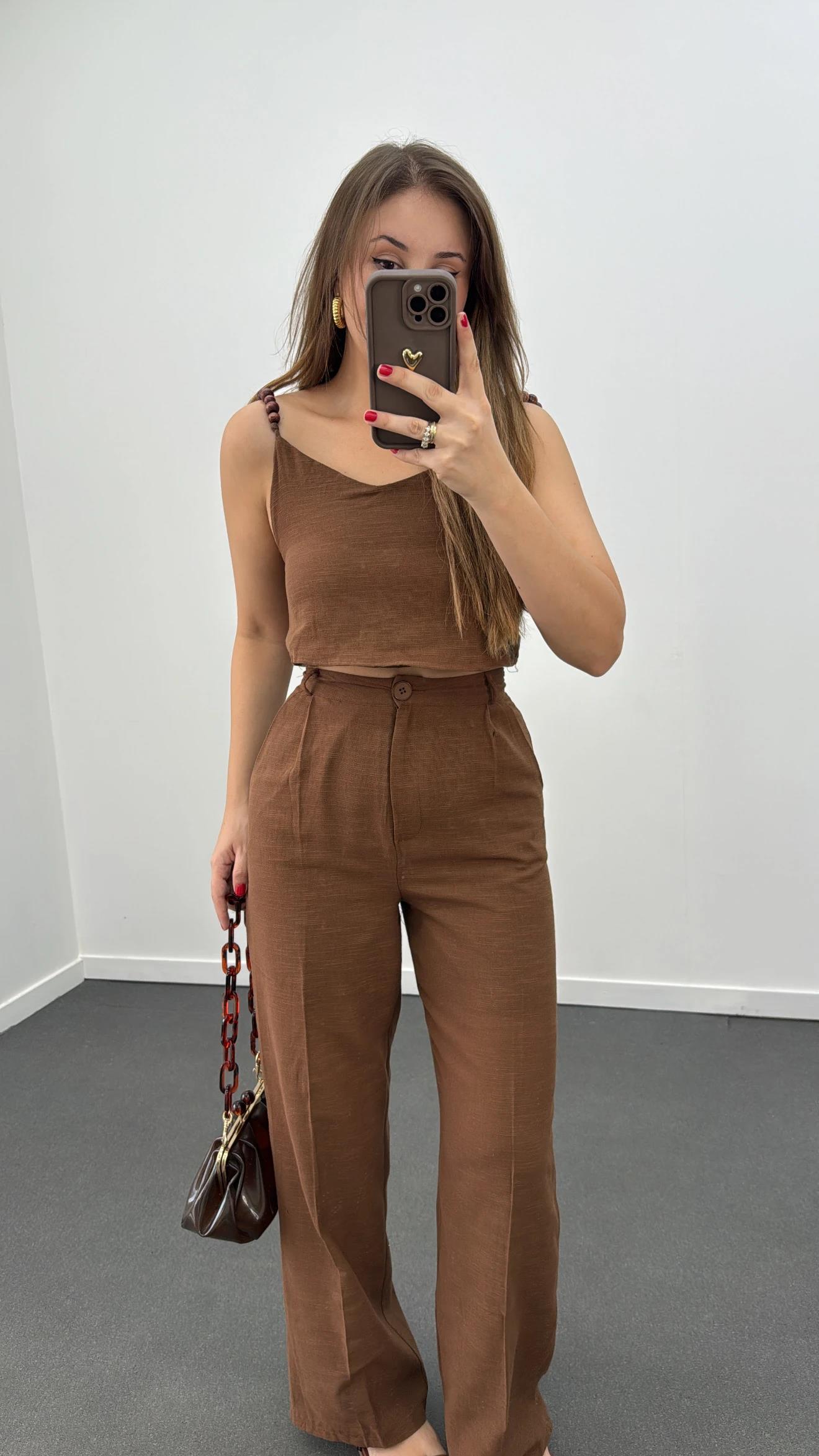 Aria Kahve Keten Kumaş Boncuklu Takım