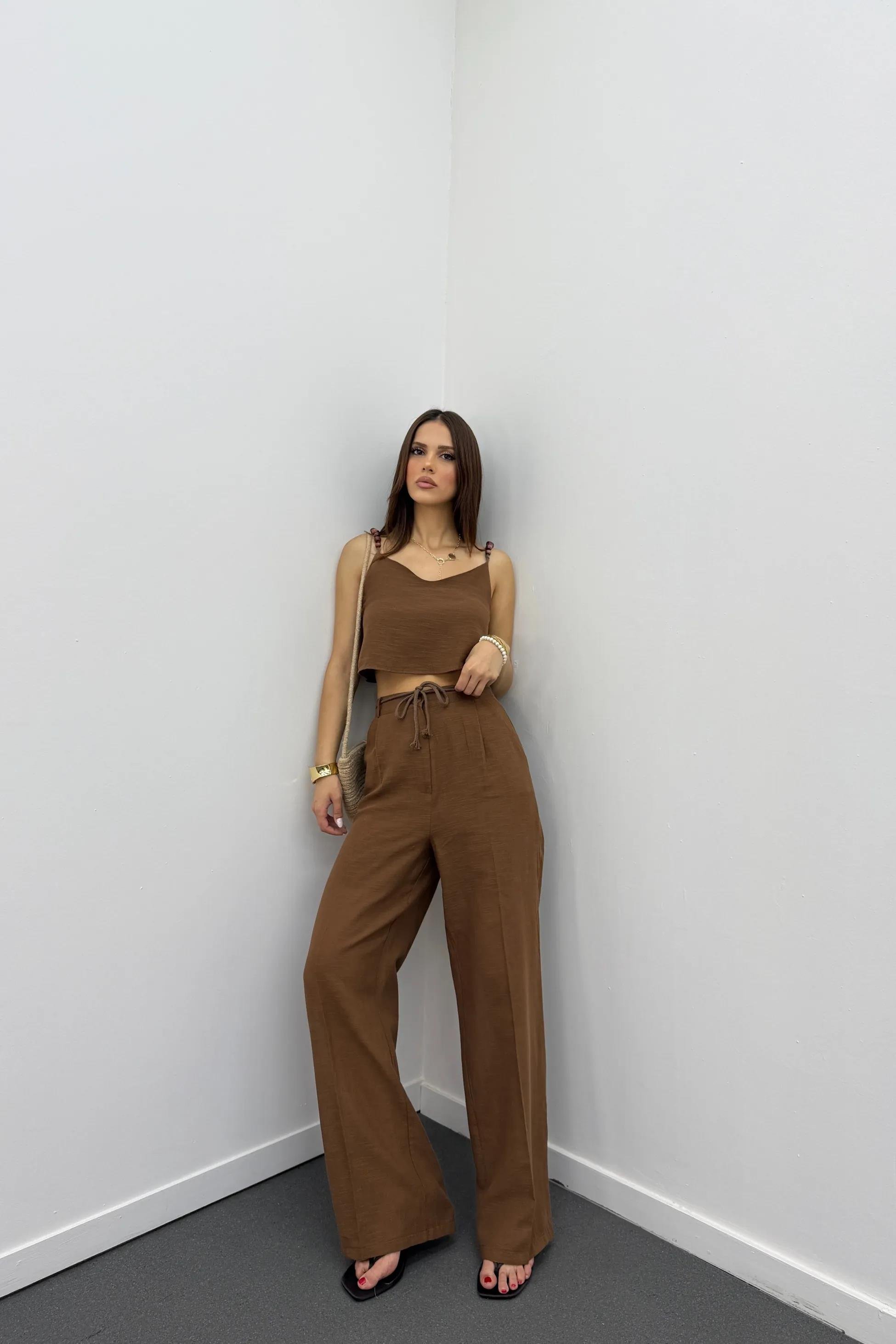 Aria Kahve Keten Kumaş Boncuklu Takım