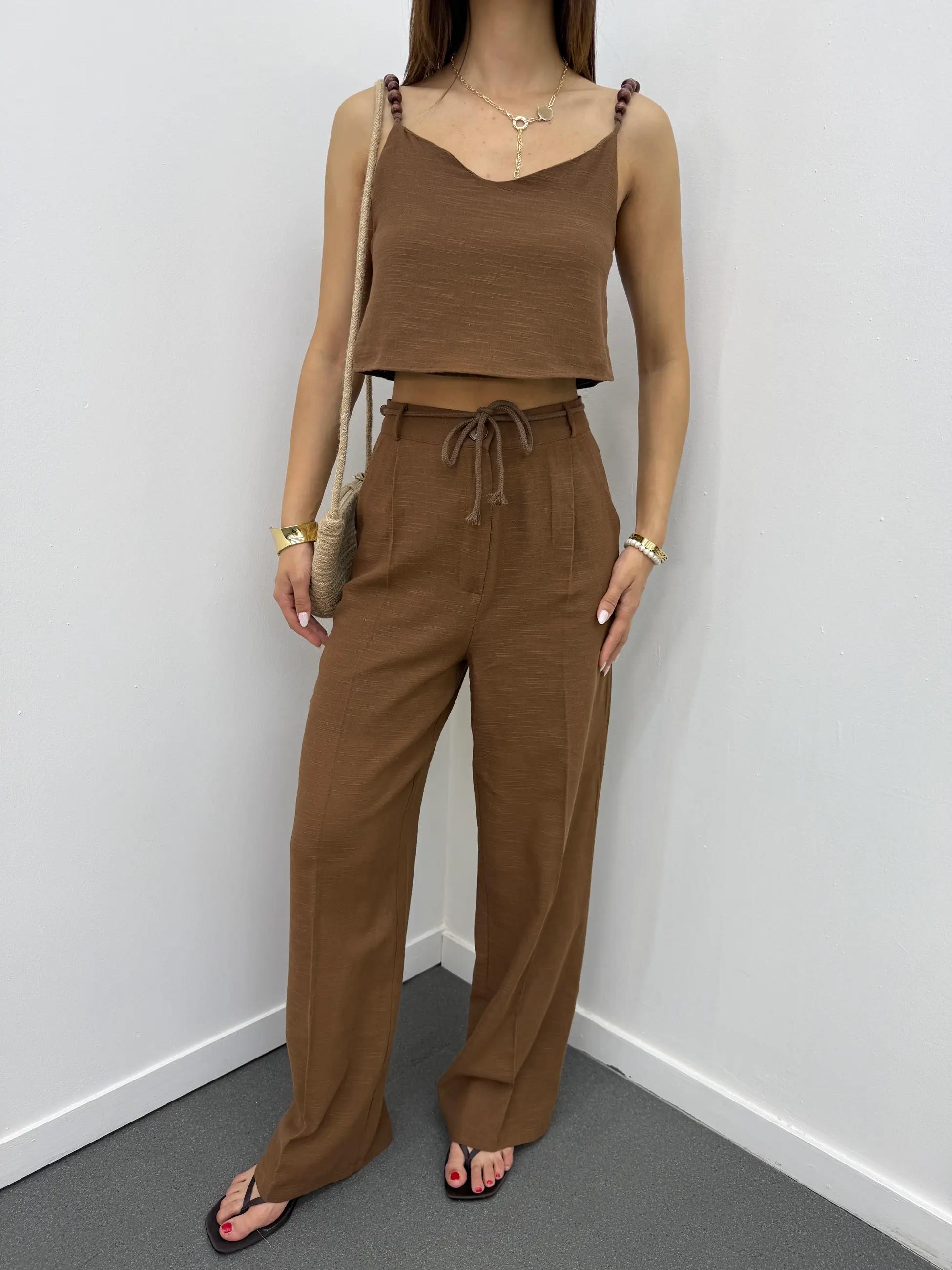 Aria Kahve Keten Kumaş Boncuklu Takım