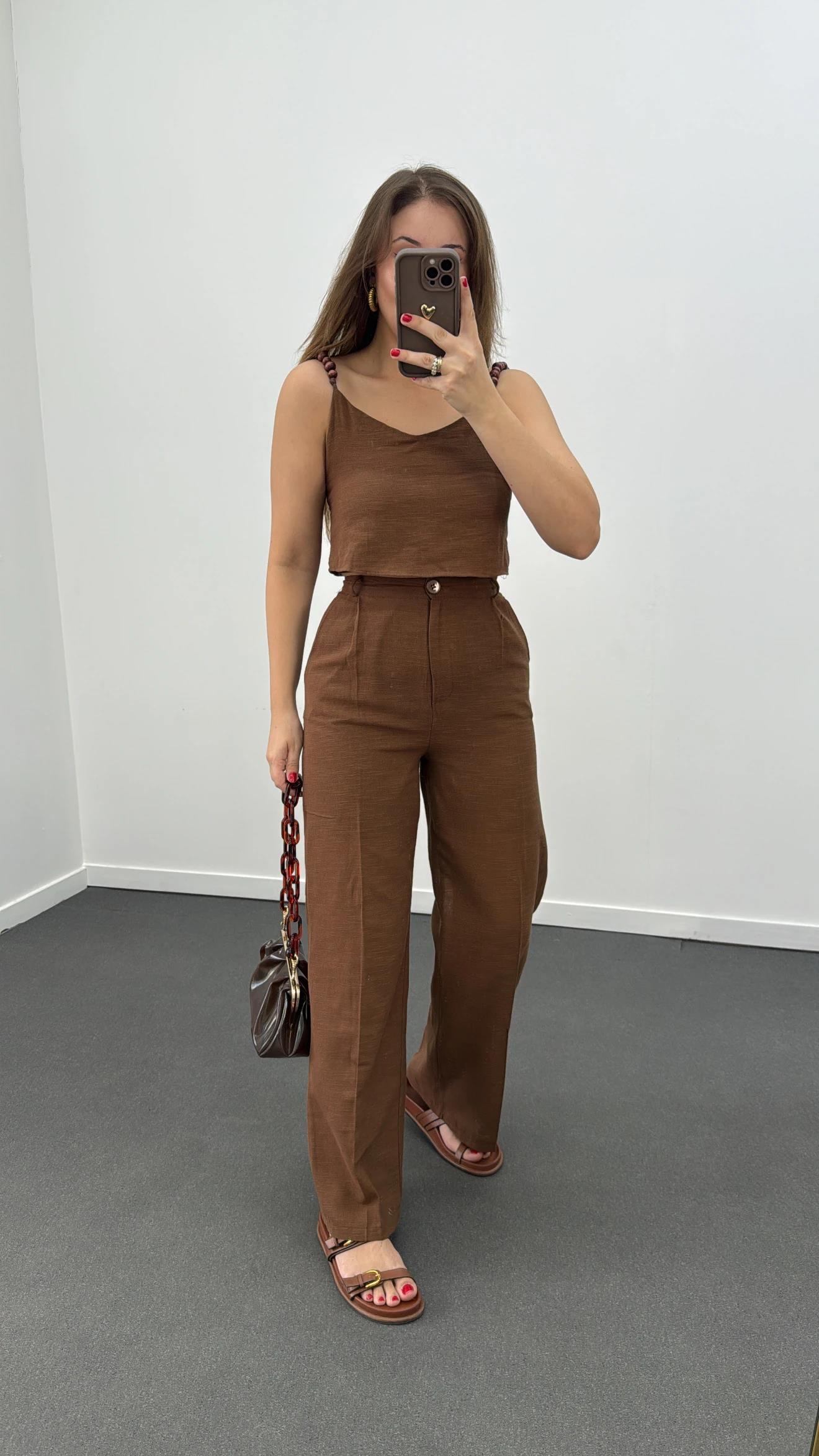 Aria Kahve Keten Kumaş Boncuklu Takım