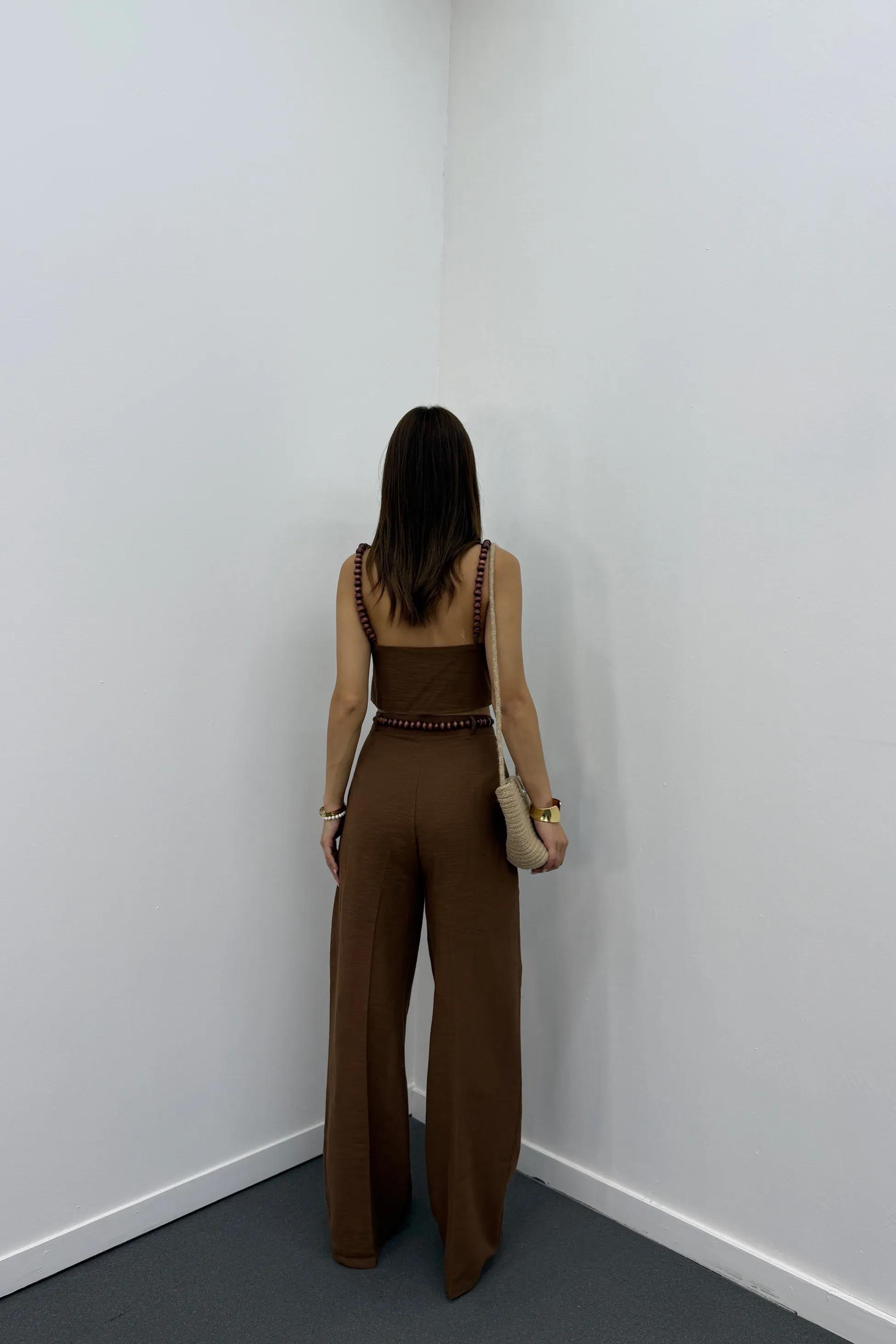 Aria Kahve Keten Kumaş Boncuklu Takım