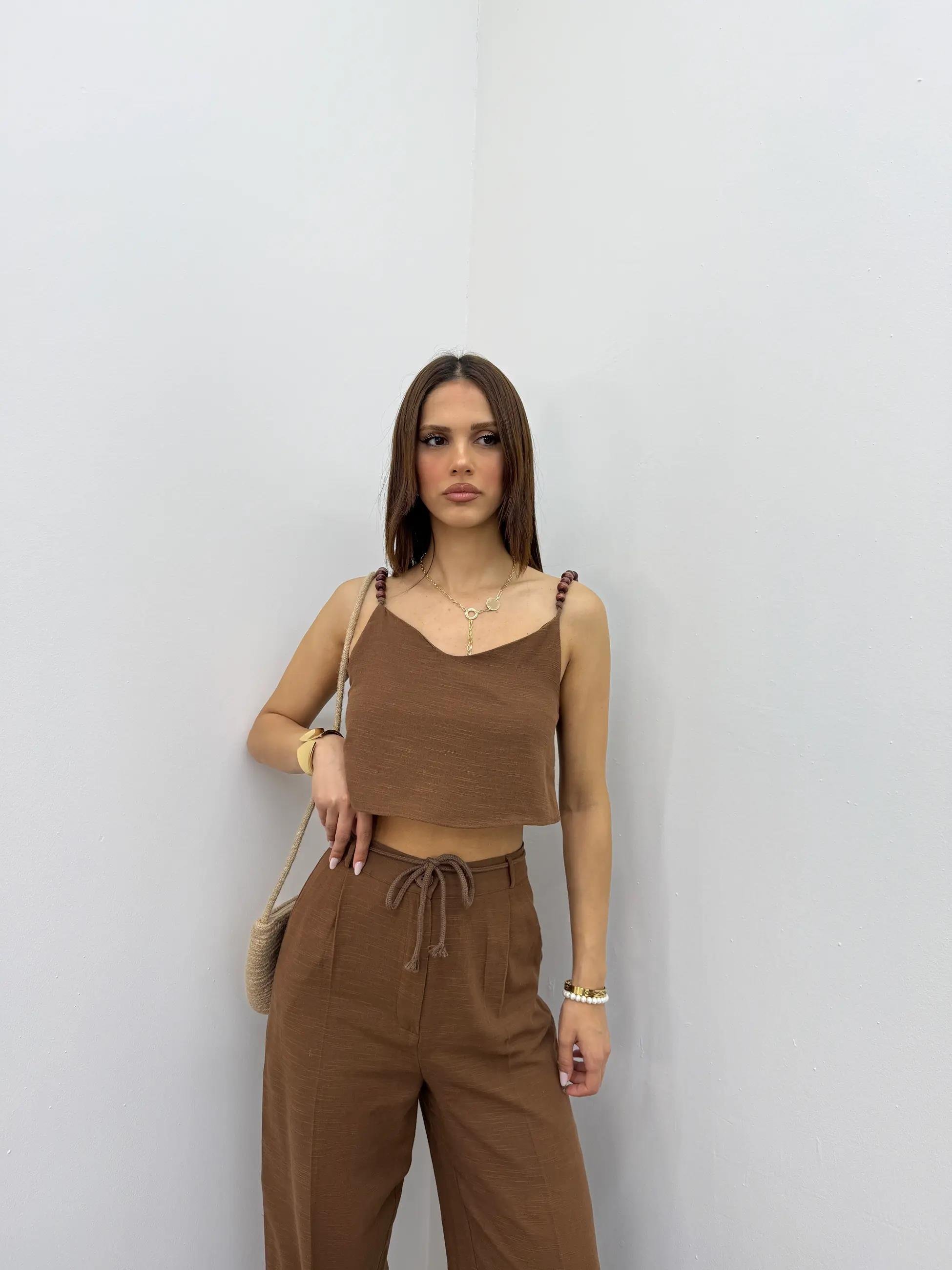 Aria Kahve Keten Kumaş Boncuklu Takım