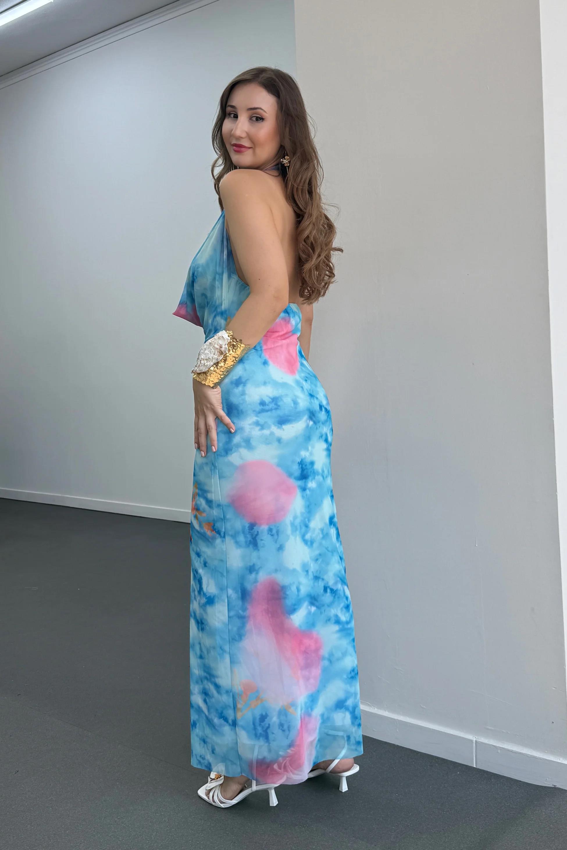 Ariel Mavi Degaje Yaka Sırt Dekolteli Maxi Elbise