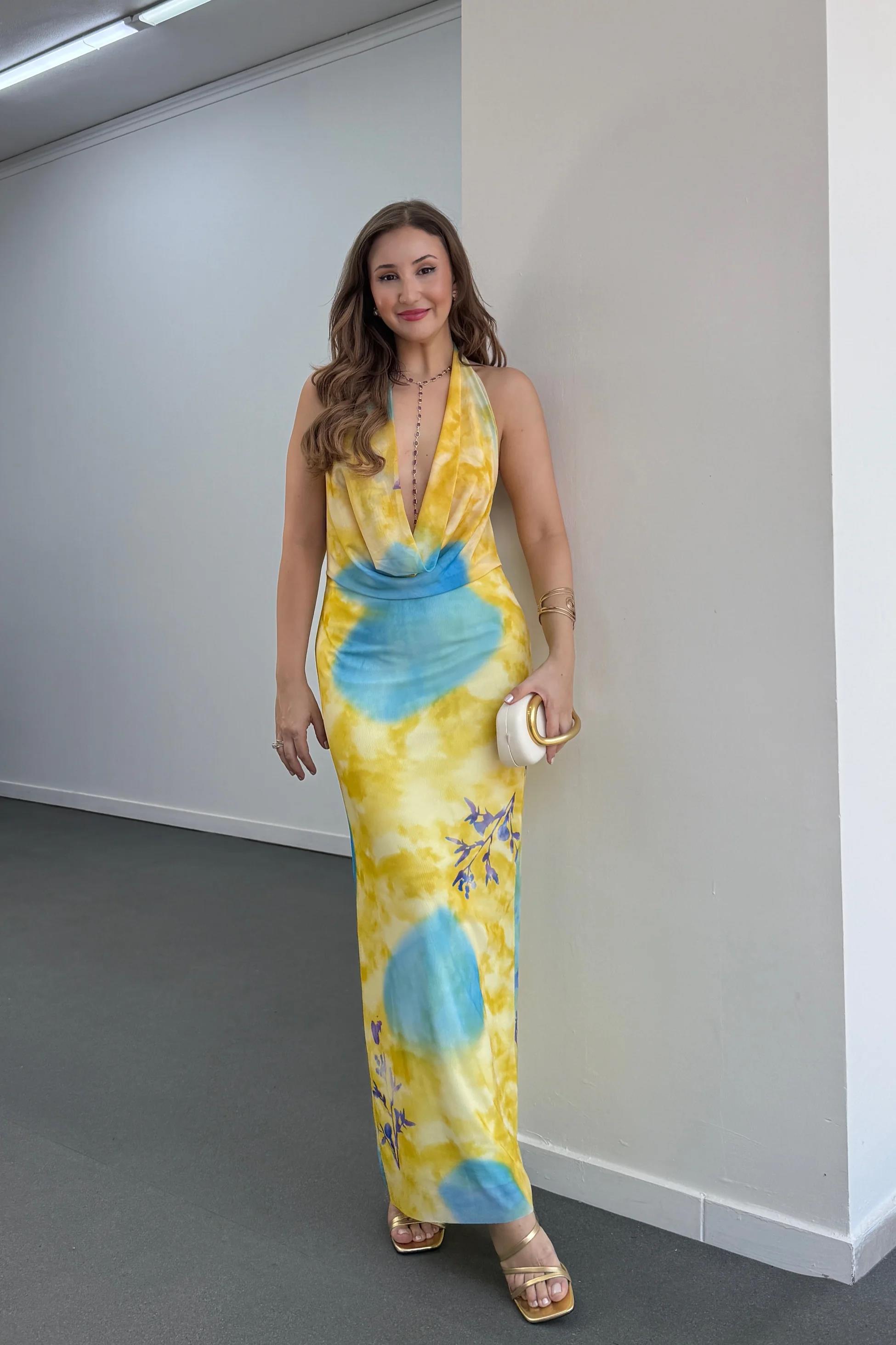 Ariel Sarı Degaje Yaka Sırt Dekolteli Elbise