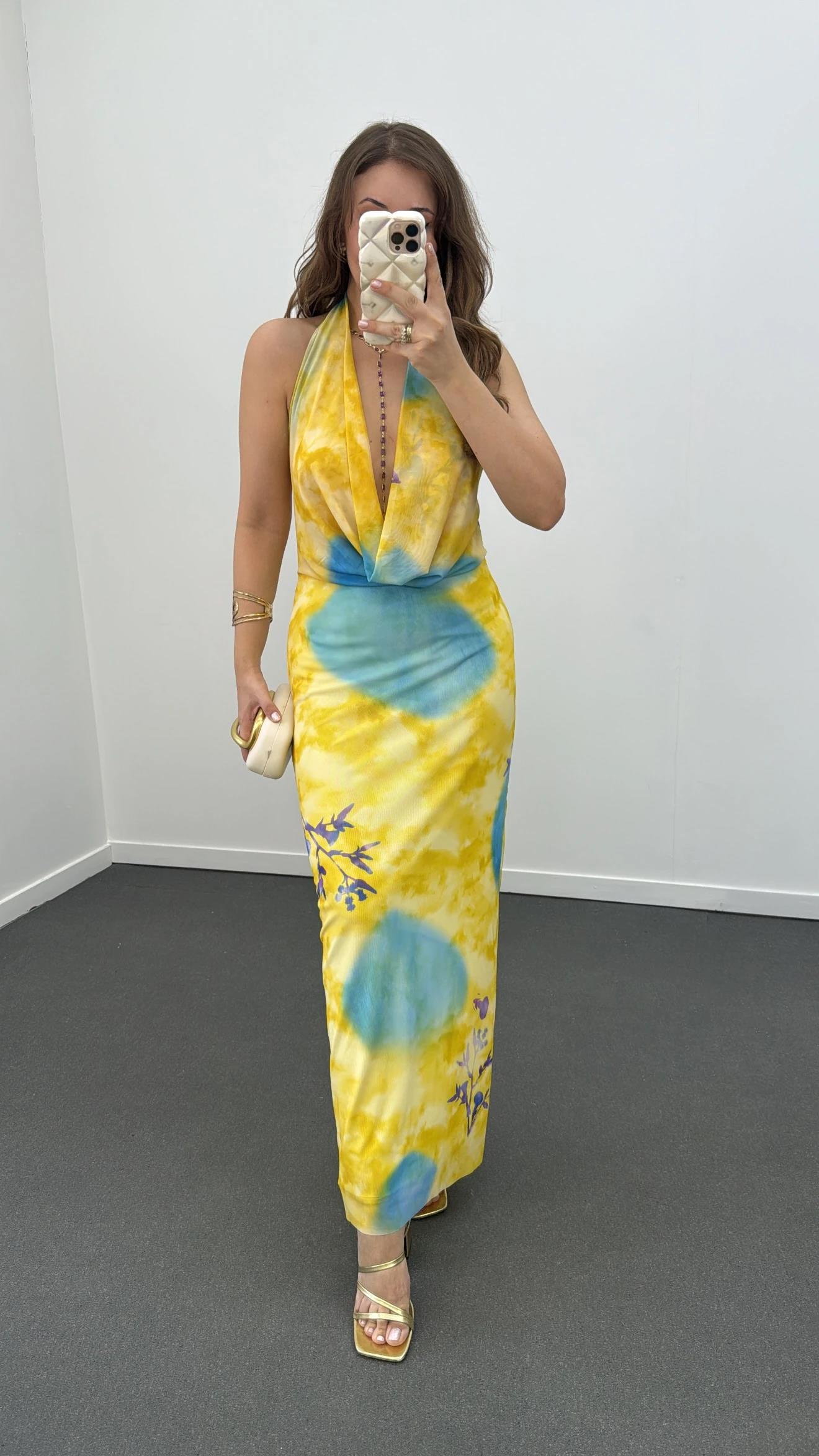 Ariel Sarı Degaje Yaka Sırt Dekolteli Elbise