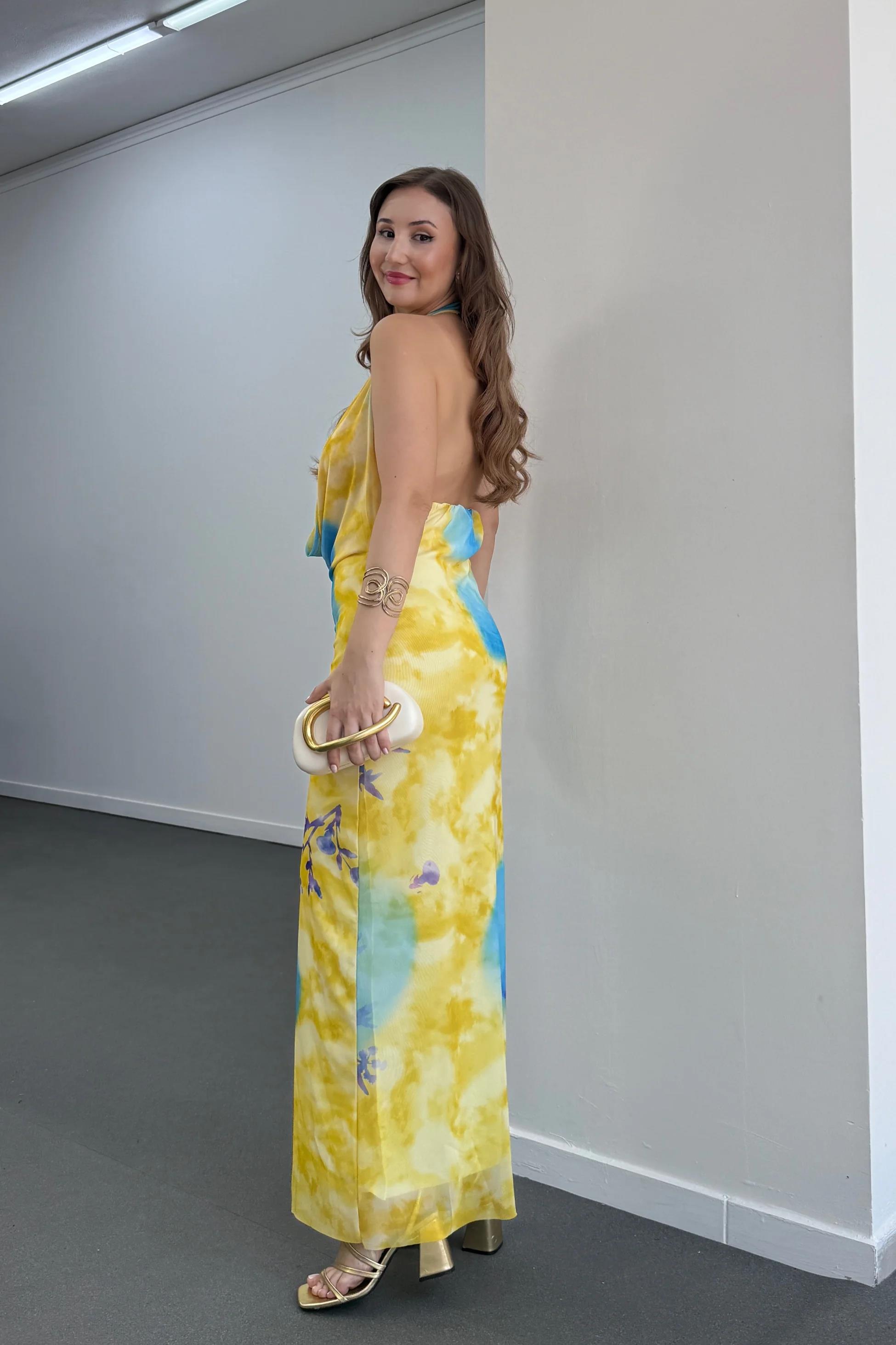 Ariel Sarı Degaje Yaka Sırt Dekolteli Elbise