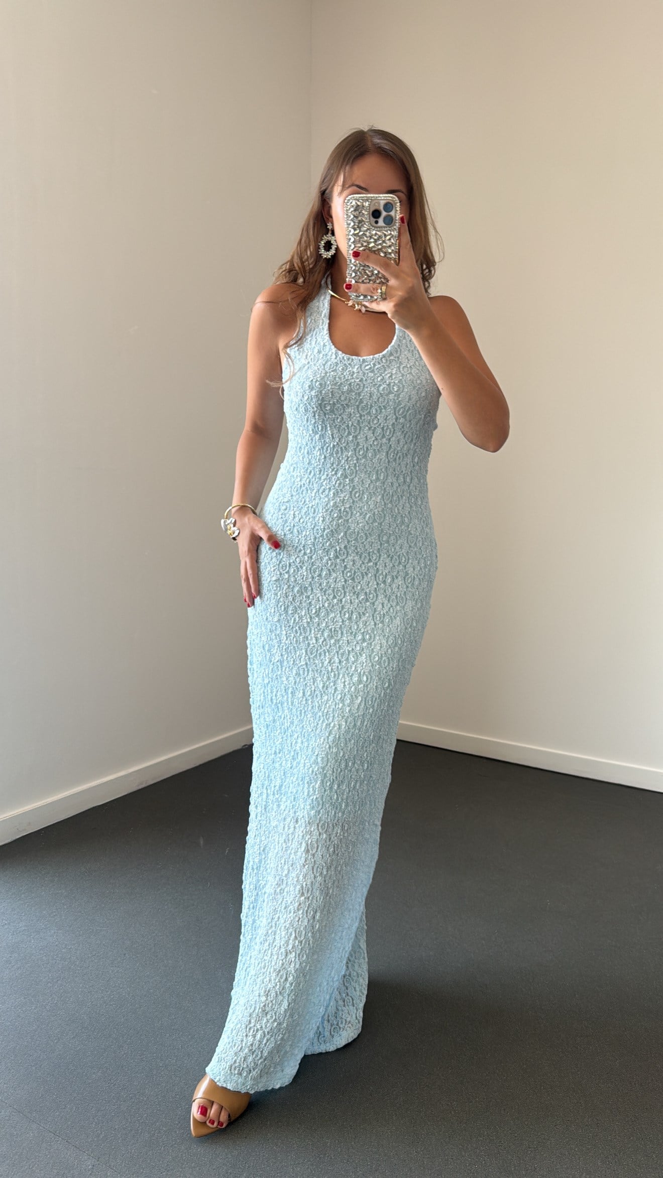 Arisu Bebe Mavi Halter Yaka Dantelli Maxi Elbise