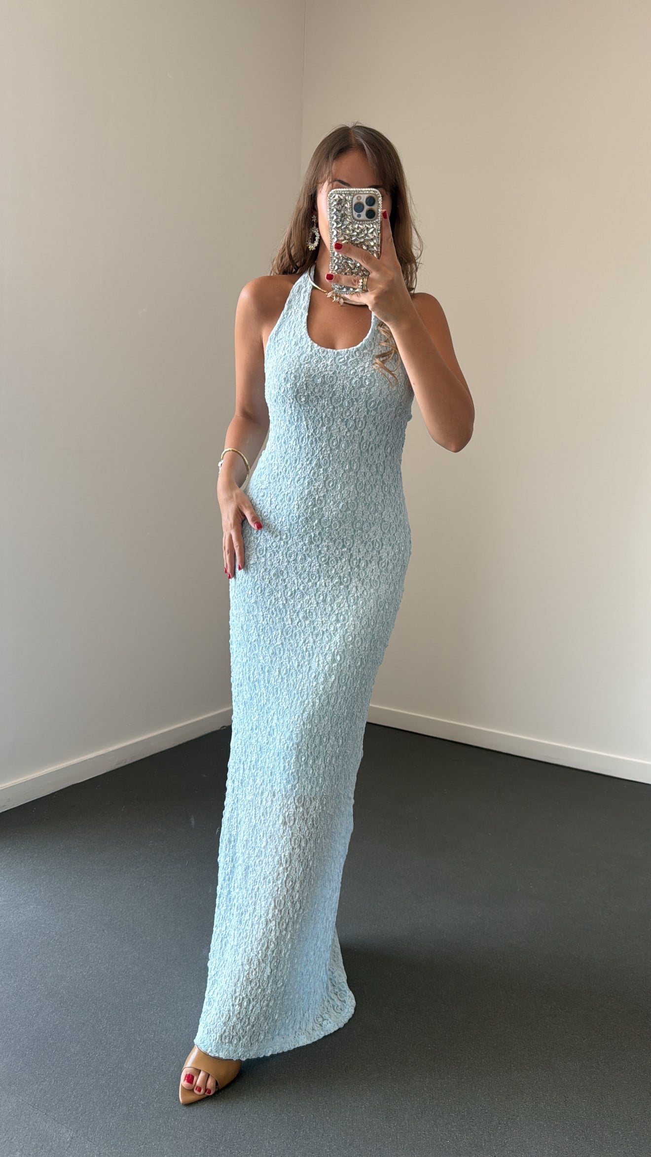 Arisu Bebe Mavi Halter Yaka Dantelli Maxi Elbise