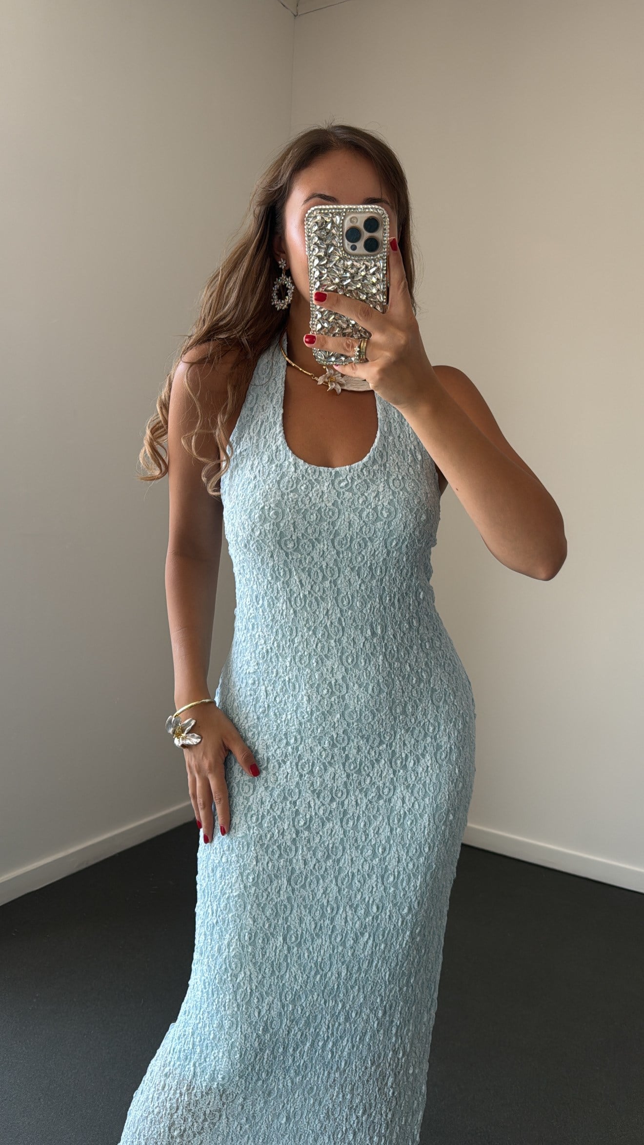 Arisu Bebe Mavi Halter Yaka Dantelli Maxi Elbise