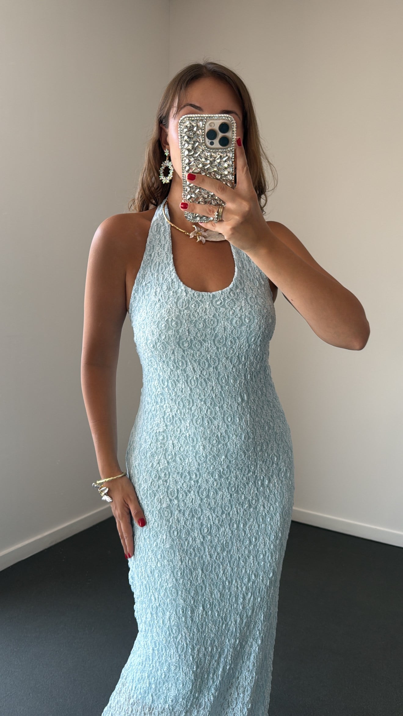 Arisu Bebe Mavi Halter Yaka Dantelli Maxi Elbise