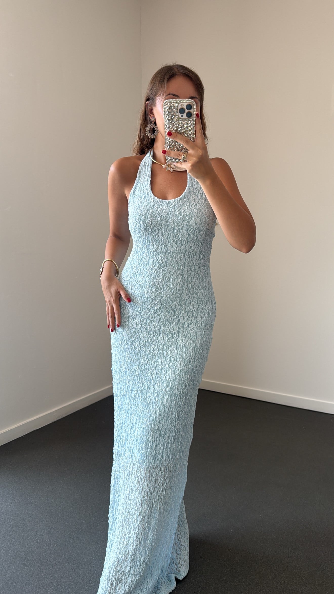 Arisu Bebe Mavi Halter Yaka Dantelli Maxi Elbise