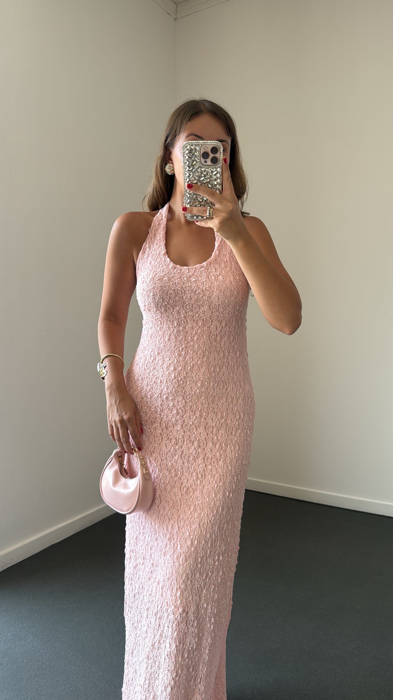 Arisu Pembe Halter Yaka Dantelli Maxi Elbise
