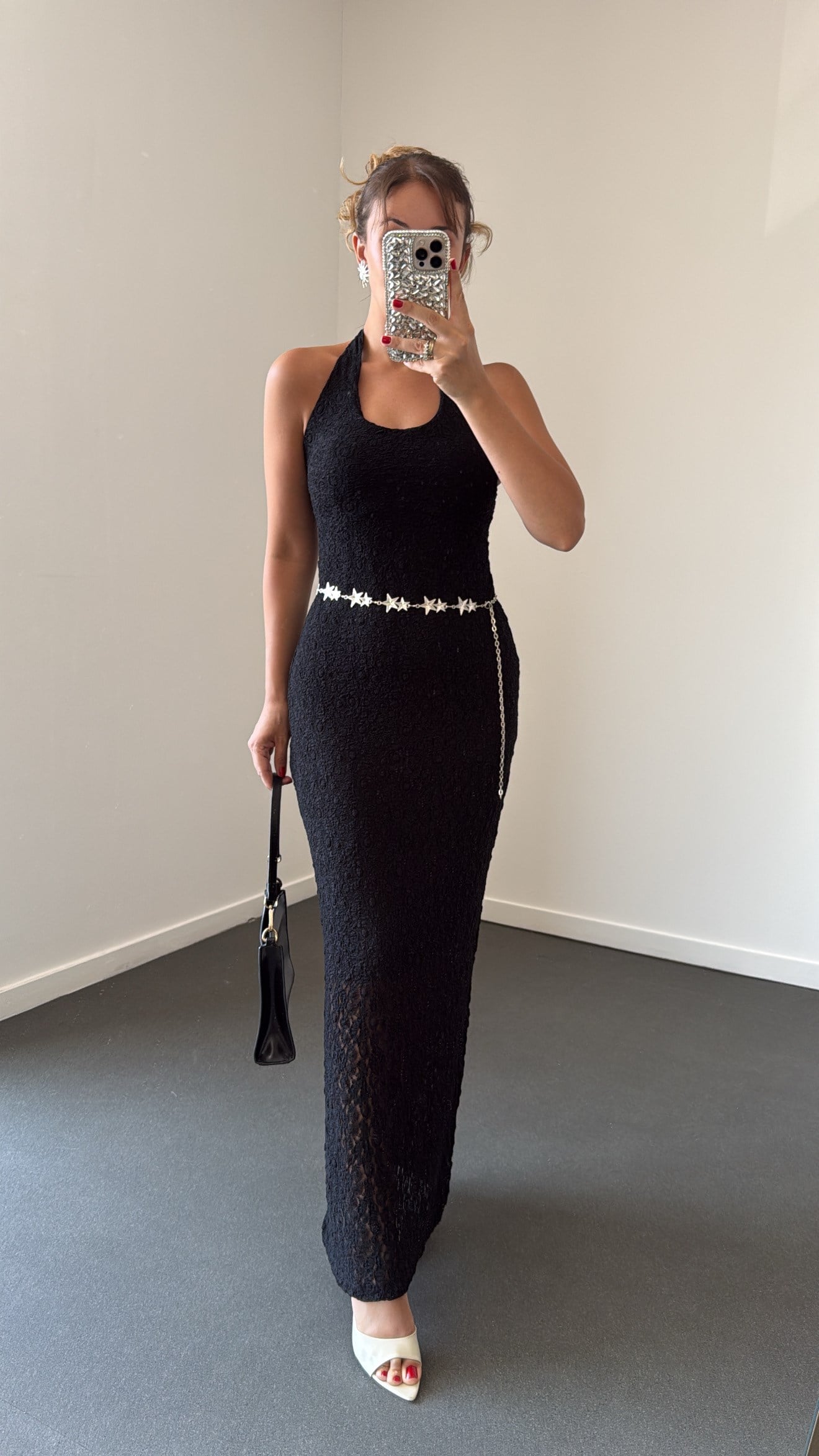 Arisu Siyah Halter Yaka Dantelli Maxi Elbise