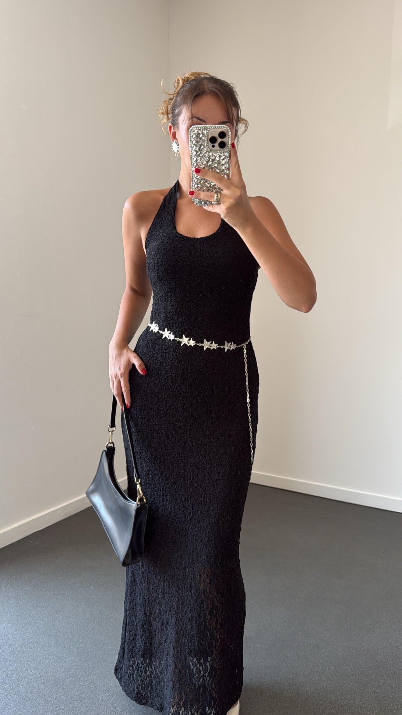Arisu Siyah Halter Yaka Dantelli Maxi Elbise