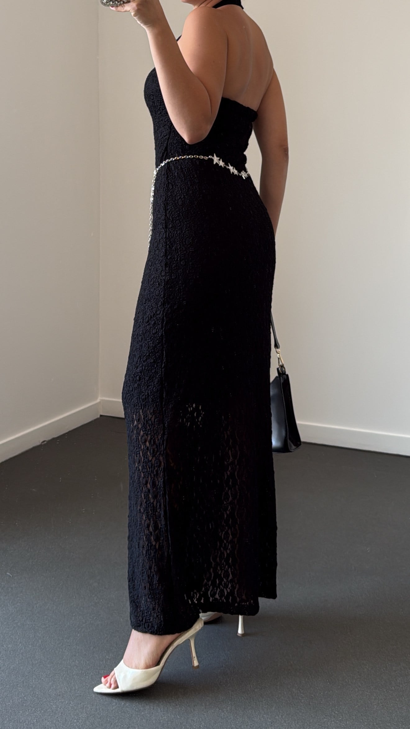 Arisu Siyah Halter Yaka Dantelli Maxi Elbise