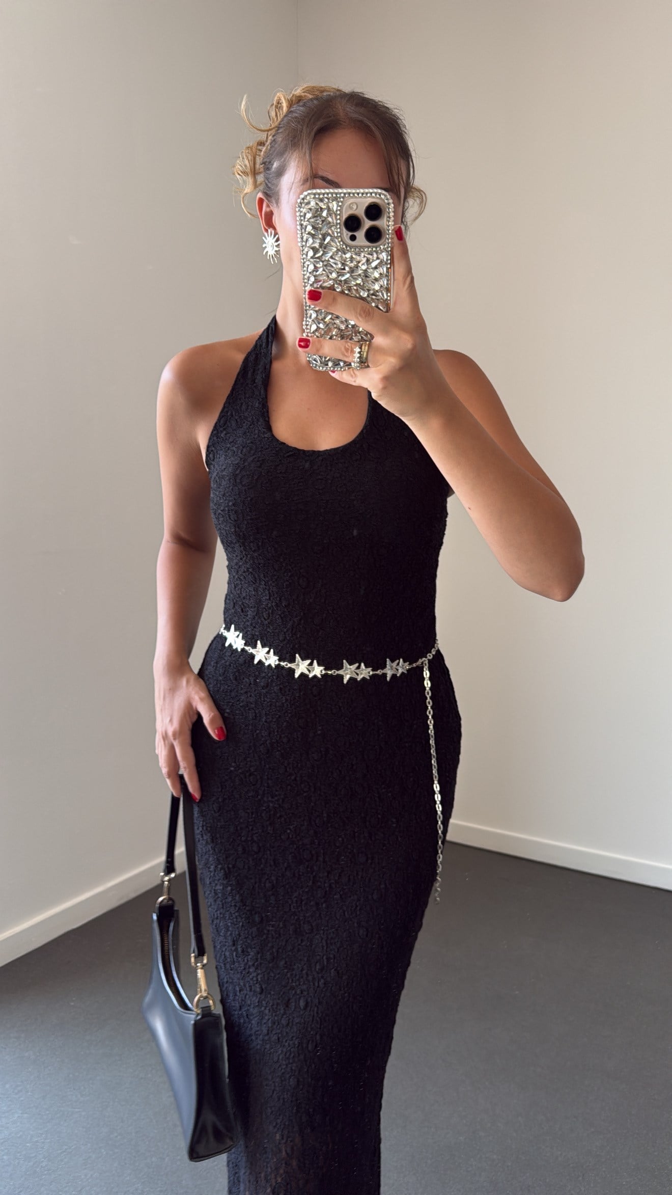 Arisu Siyah Halter Yaka Dantelli Maxi Elbise