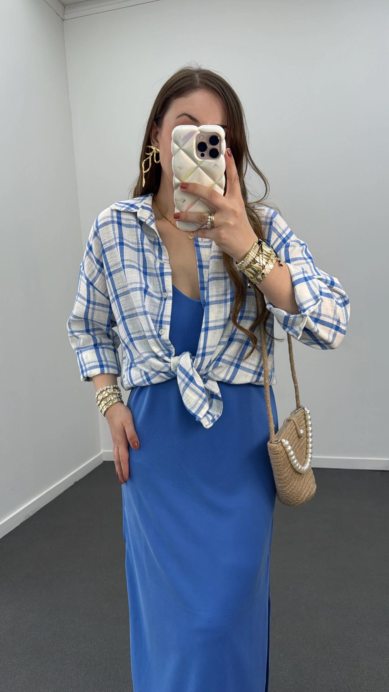 Armin Mavi Ekoseli Keten Gömlek